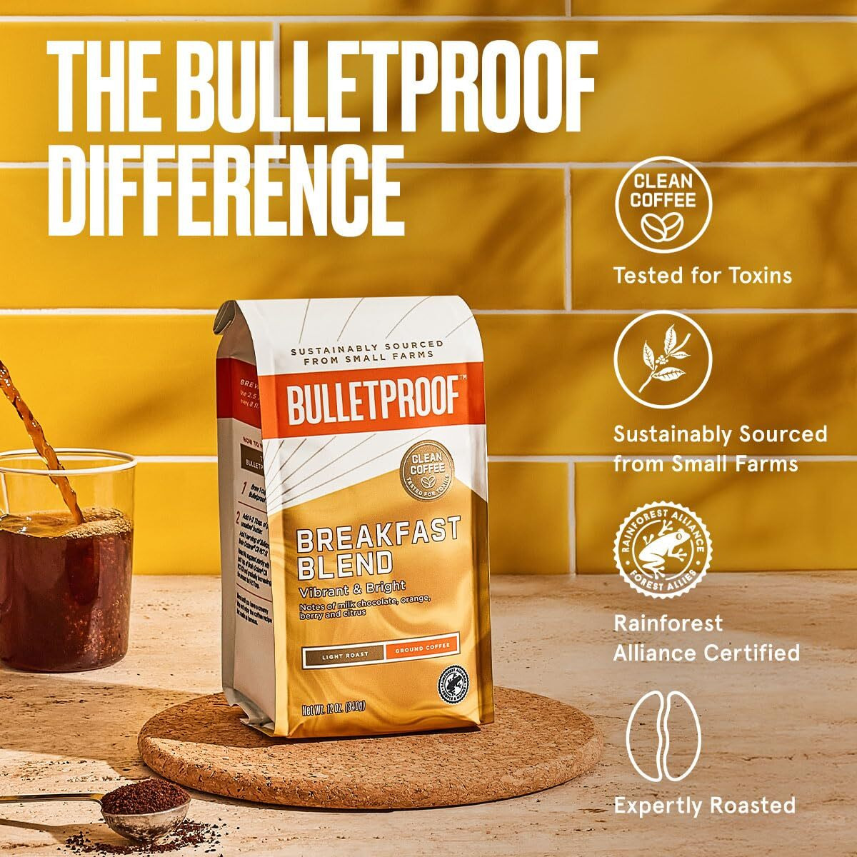 Bulletproof Breakfast Blend Light Roast Ground Coffee, 12 Ounces, 100% Arabica Coffee Sourced From Central And South America
