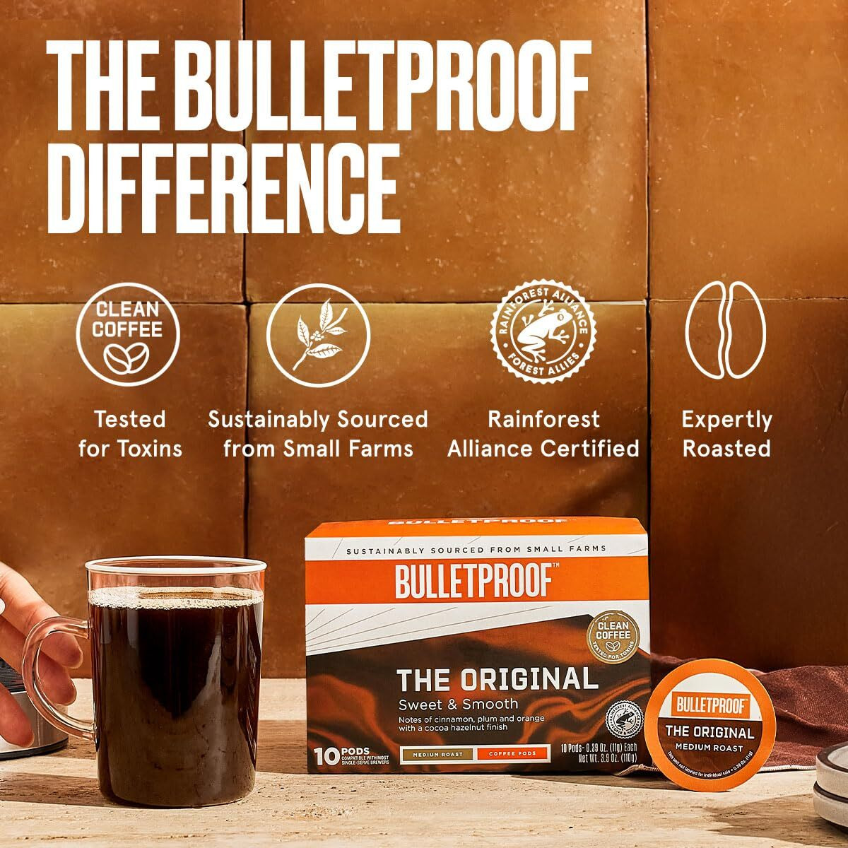 Bulletproof Original Medium Roast Single-Serve Pods, 10 Count, Arabica Coffee Sourced From Central And South America