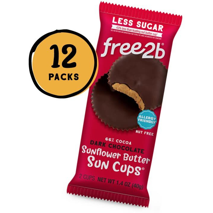 Free2B Sunflower Butter Sun Cups, Safe For School And Allergy Friendly - Gluten-Free, Dairy-Free, Nut-Free, And Soy-Free - Dark Chocolate, 2-Cup Packages (Pack Of 12)