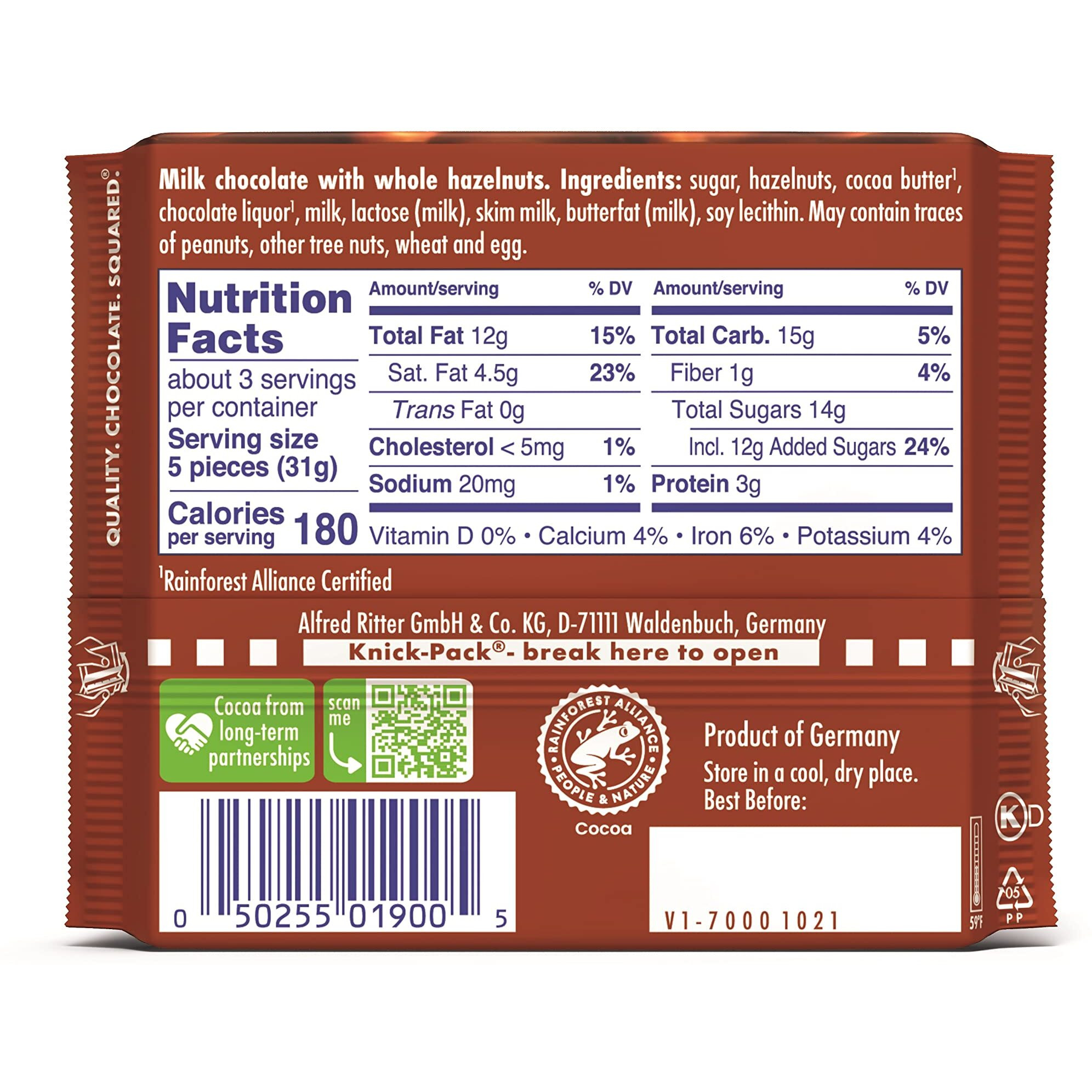 Ritter Sport Chocolate Bars With Nuts (Milk Chocolate With Hazelnuts, 3.5 Ounce (Pack Of 10)