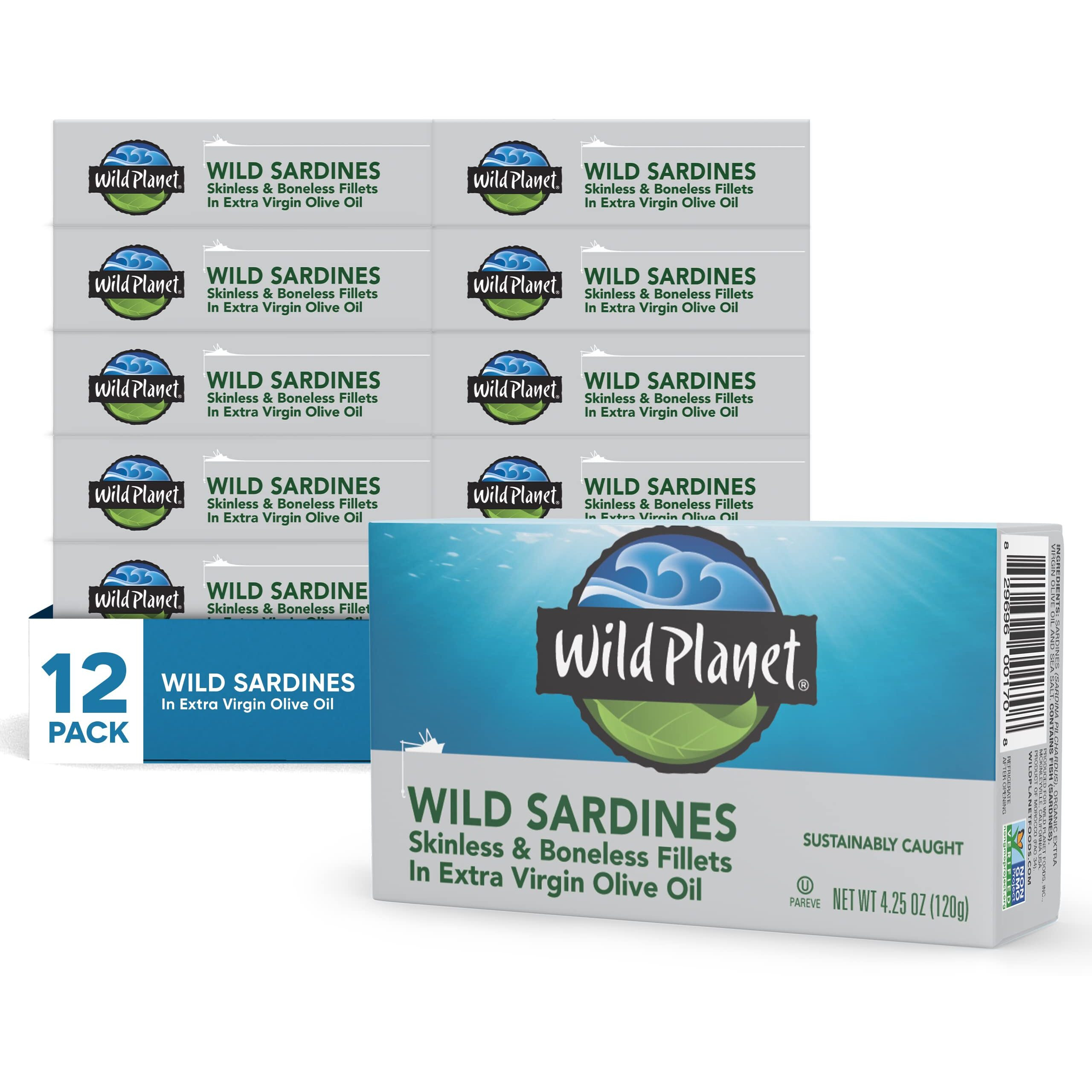 Wild Planet Wild Sardines In Extra Virgin Olive Oil With Sea Salt, Skinless & Boneless, Tinned Fish 4.25 Ounce (Pack Of 12)