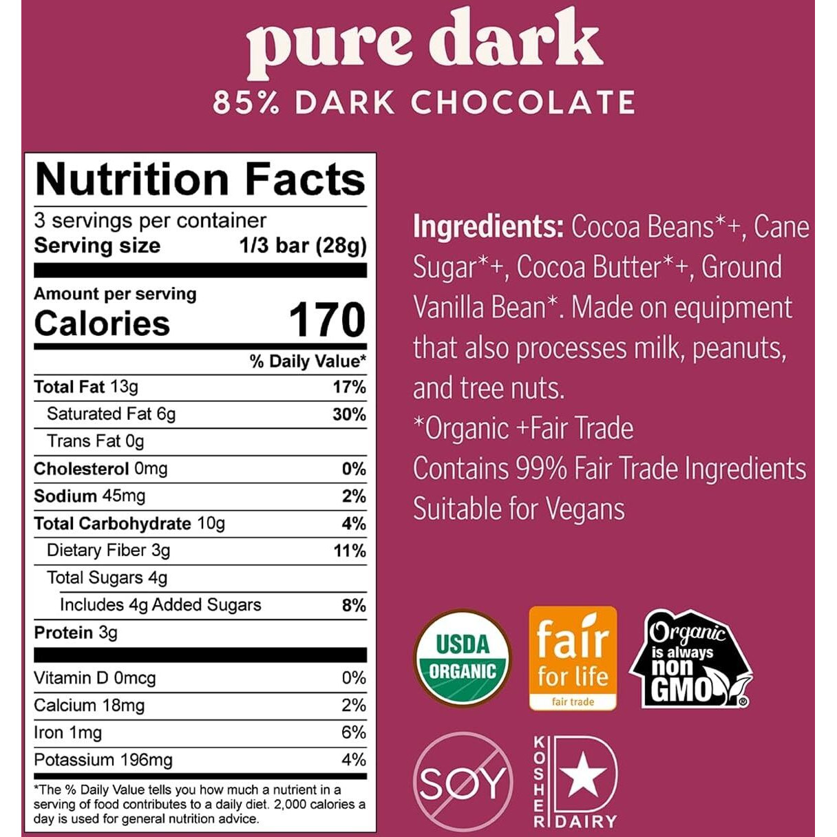 Theo Chocolate Pure Organic Dark Chocolate Bar 85% Cacao, 12 Pack | Vegan, Fair Trade