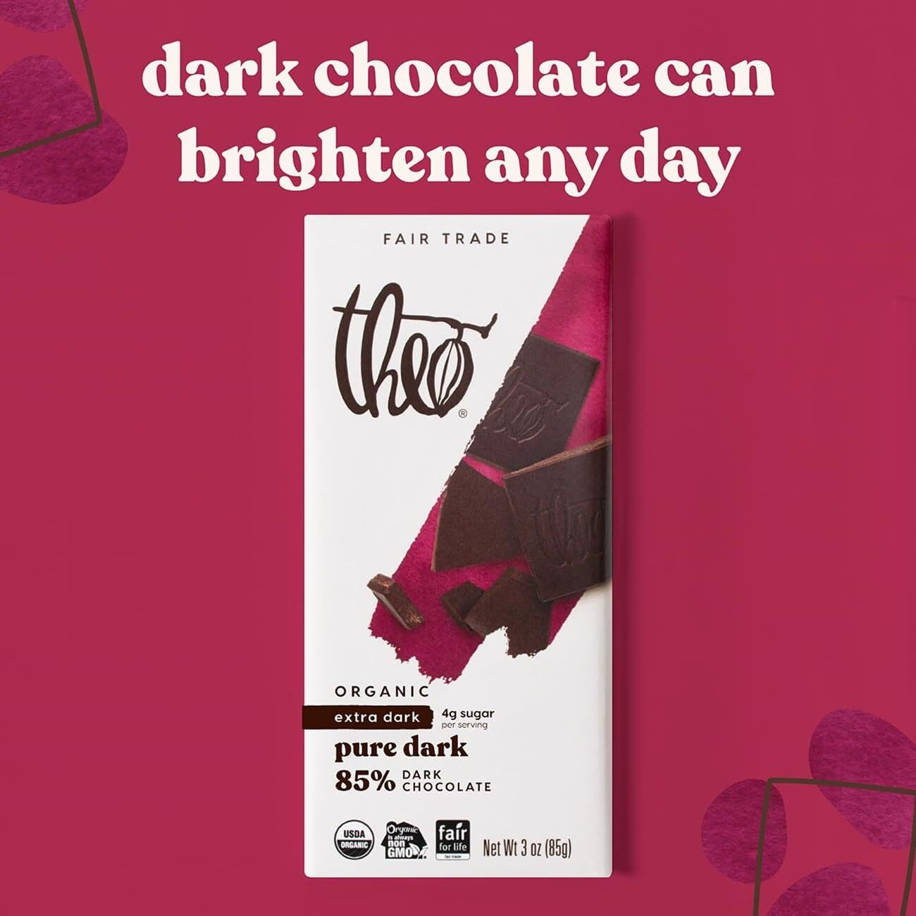 Theo Chocolate Pure Organic Dark Chocolate Bar 85% Cacao, 12 Pack | Vegan, Fair Trade