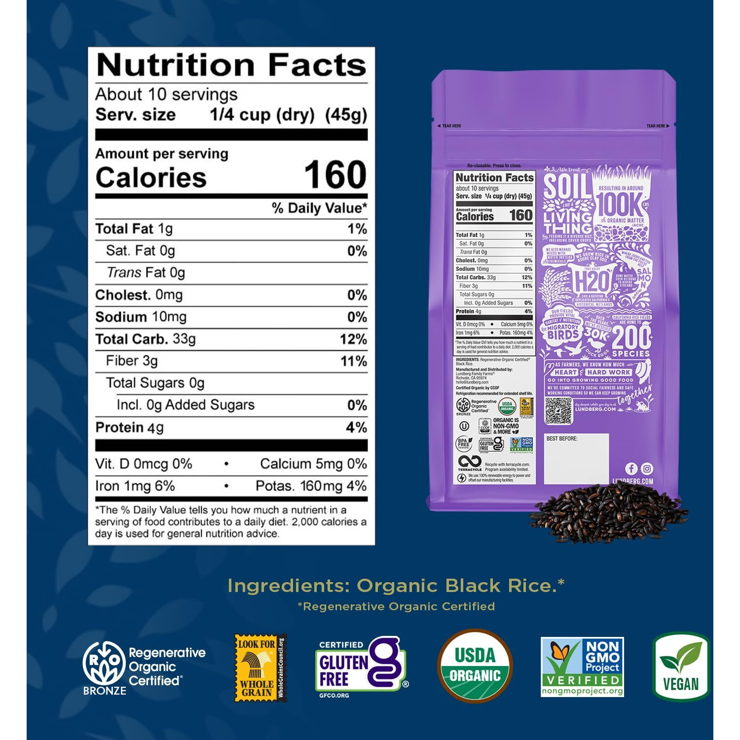 Lundberg Black Pearl Rice, Regenerative Organic Certified - Full-Bodied Black Rice, Responsibly Grown In California, 16 Oz