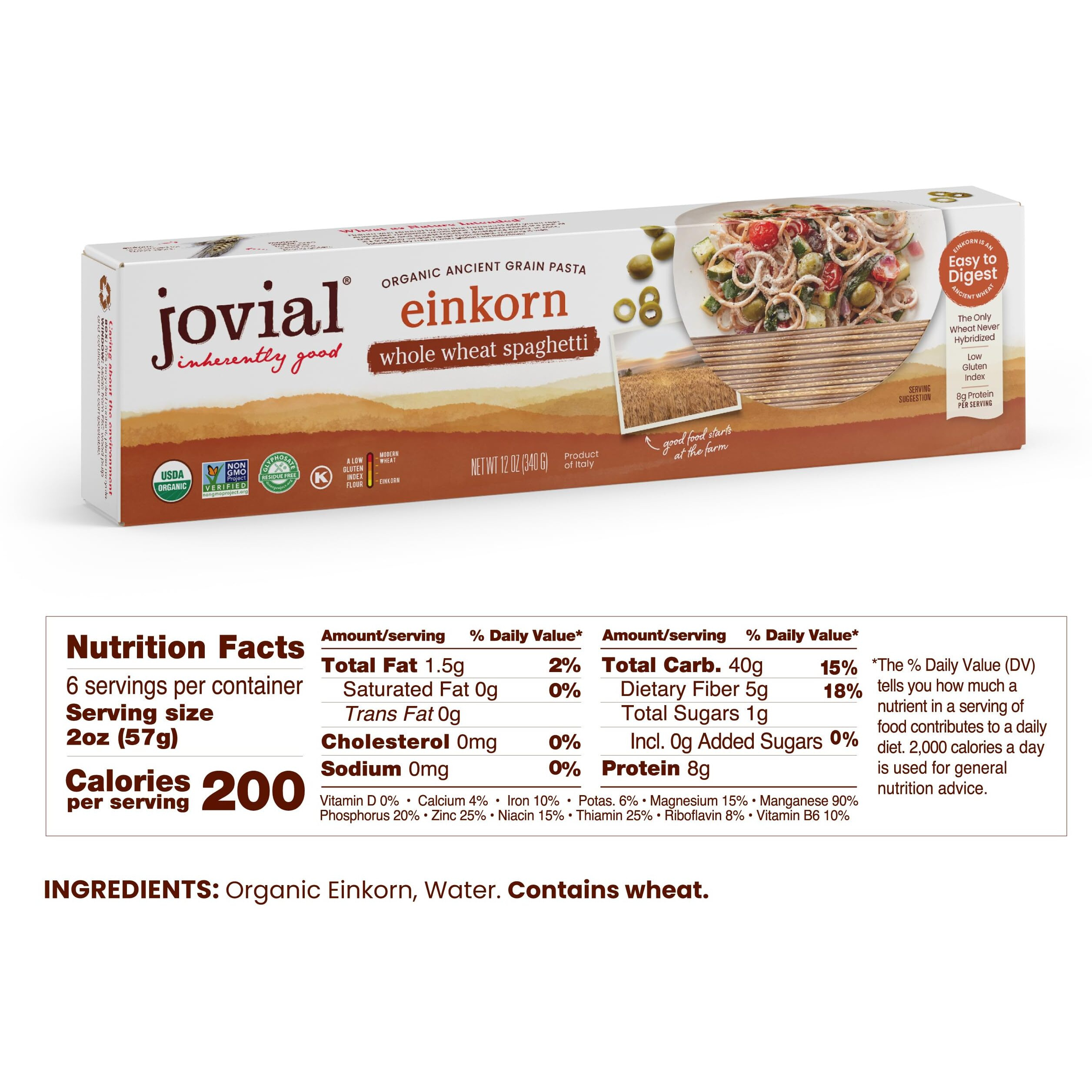 Jovial Einkorn 100% Organic Whole Grain Spaghetti - Einkorn Pasta, High Protein, Non-Gmo, Usda Certified Organic, Lower Carb, Delicious Pasta Made In Italy - 12 Oz, 6 Pack