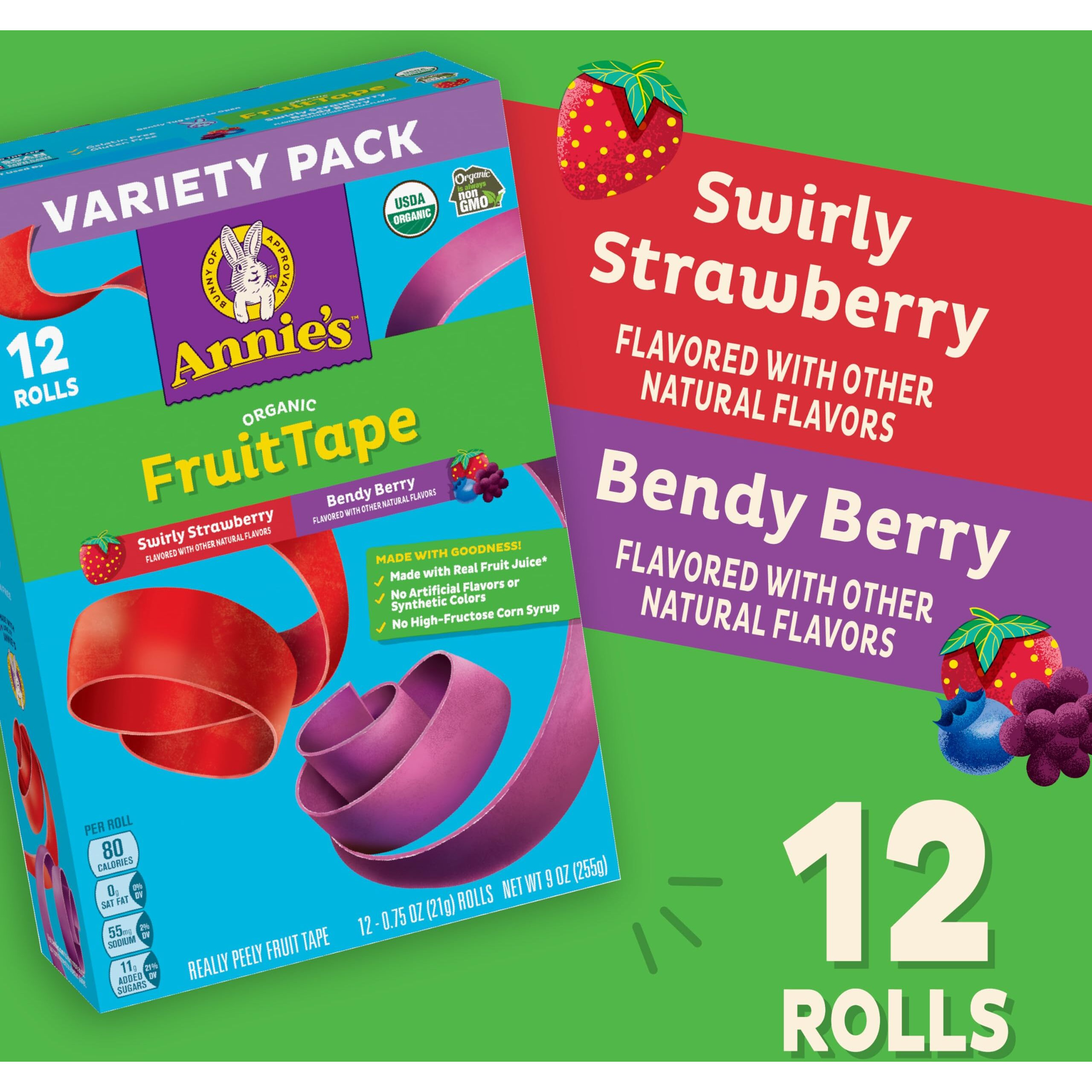 Annie's Organic Fruit Tape, Swirly Strawberry And Bendy Berry Flavors, Variety Pack, 12 Rolls, 9 Oz