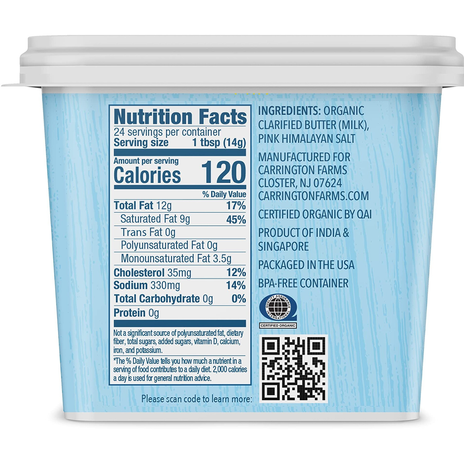 Usda Certified Organic Grass Fed Ghee With Himalayan Salt, 12Oz, Carrington Farms