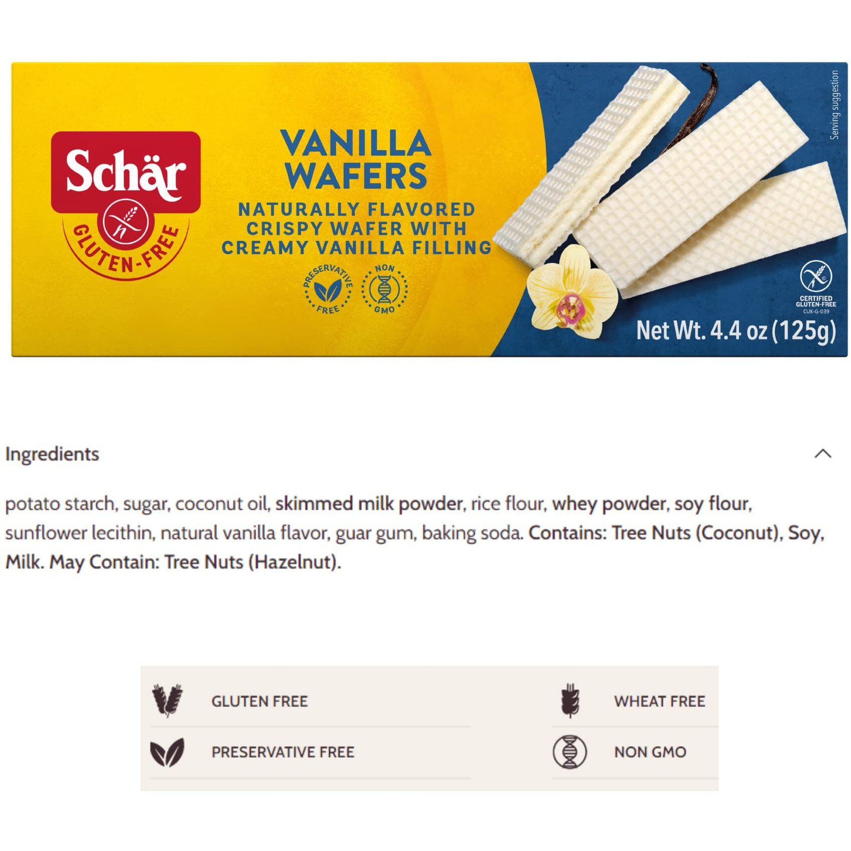 Schar - Vanilla Wafers - Certified Gluten Free - No Gmo's, Wheat Or Preservatives - (4.4 Oz) 6 Pack