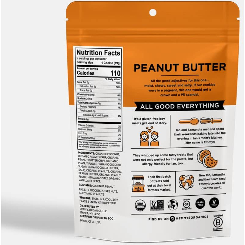 Emmy's Organics, Coconut Cookies - Peanut Butter, 6 Oz (Pack Of 2) | Gluten-Free Organic Cookies, Vegan, Paleo-Friendly