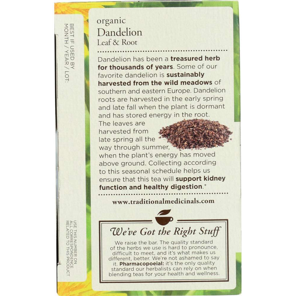 Traditional Medicinals Organic Dandelion Leaf & Root Herbal Tea, Supports Kidney Function & Healthy Digestion, (Pack Of 3) - 48 Tea Bags Total