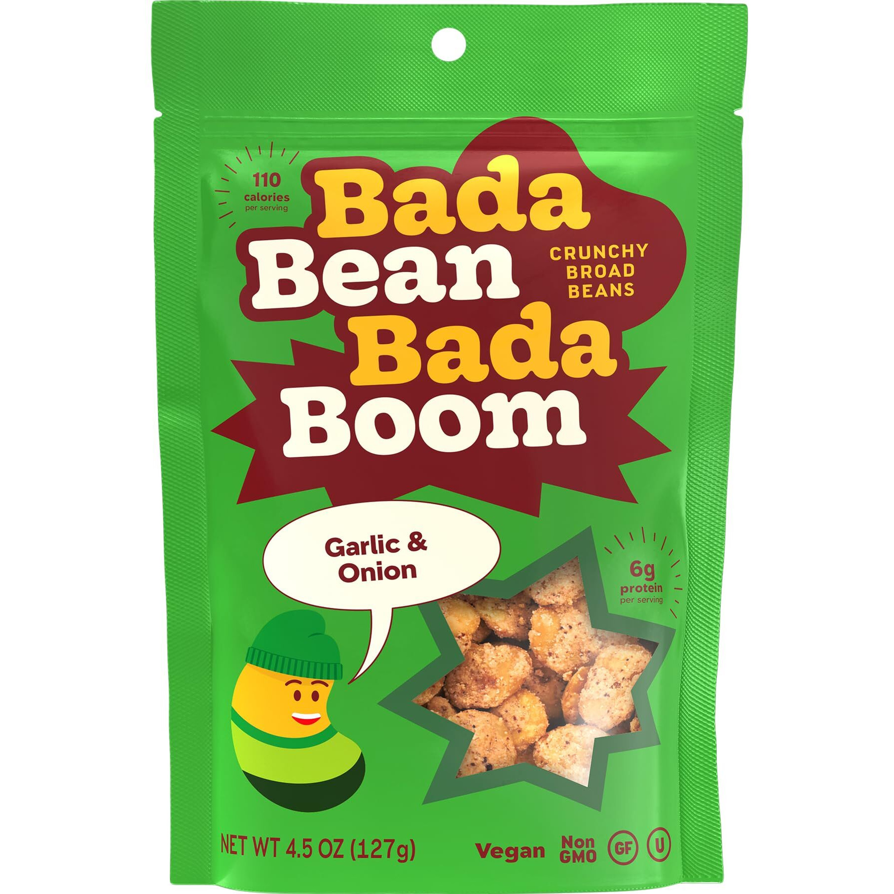Bada Bean Bada Boom - Plant-Based Protein, Gluten Free, Vegan, Crunchy Roasted Broad (Fava) Bean Snacks, 110 Calories Per Serving, Garlic & Onion, 4.5 Oz, 6 Pack