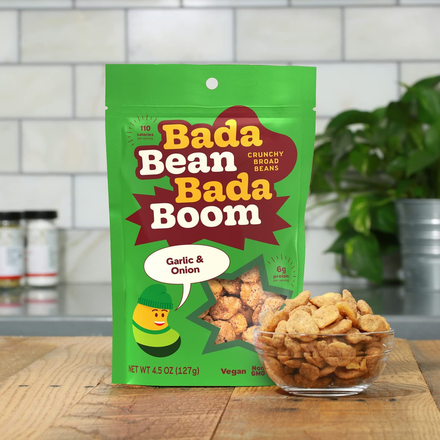 Bada Bean Bada Boom - Plant-Based Protein, Gluten Free, Vegan, Crunchy Roasted Broad (Fava) Bean Snacks, 110 Calories Per Serving, Garlic & Onion, 4.5 Oz, 6 Pack