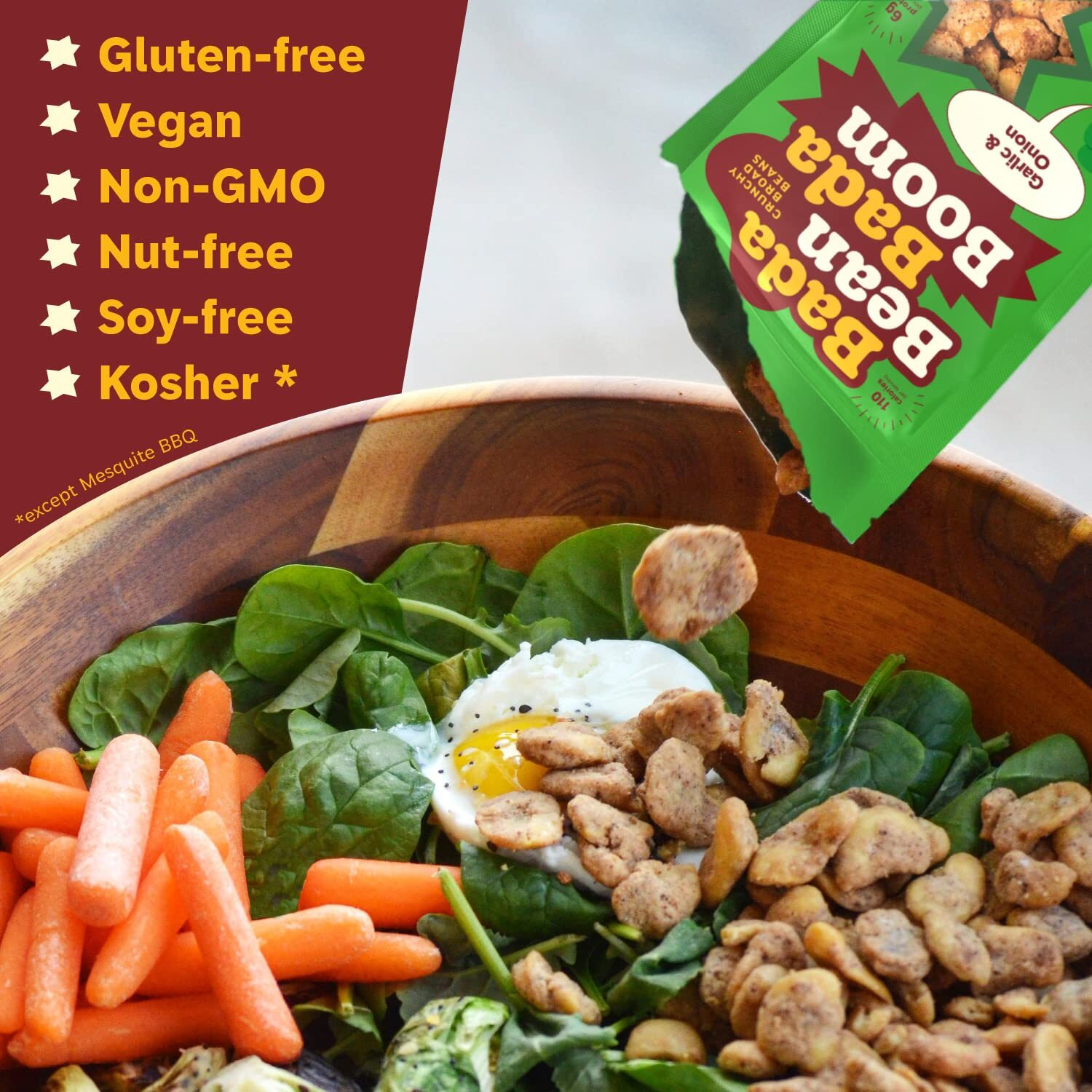 Bada Bean Bada Boom - Plant-Based Protein, Gluten Free, Vegan, Crunchy Roasted Broad (Fava) Bean Snacks, 110 Calories Per Serving, Garlic & Onion, 4.5 Oz, 6 Pack