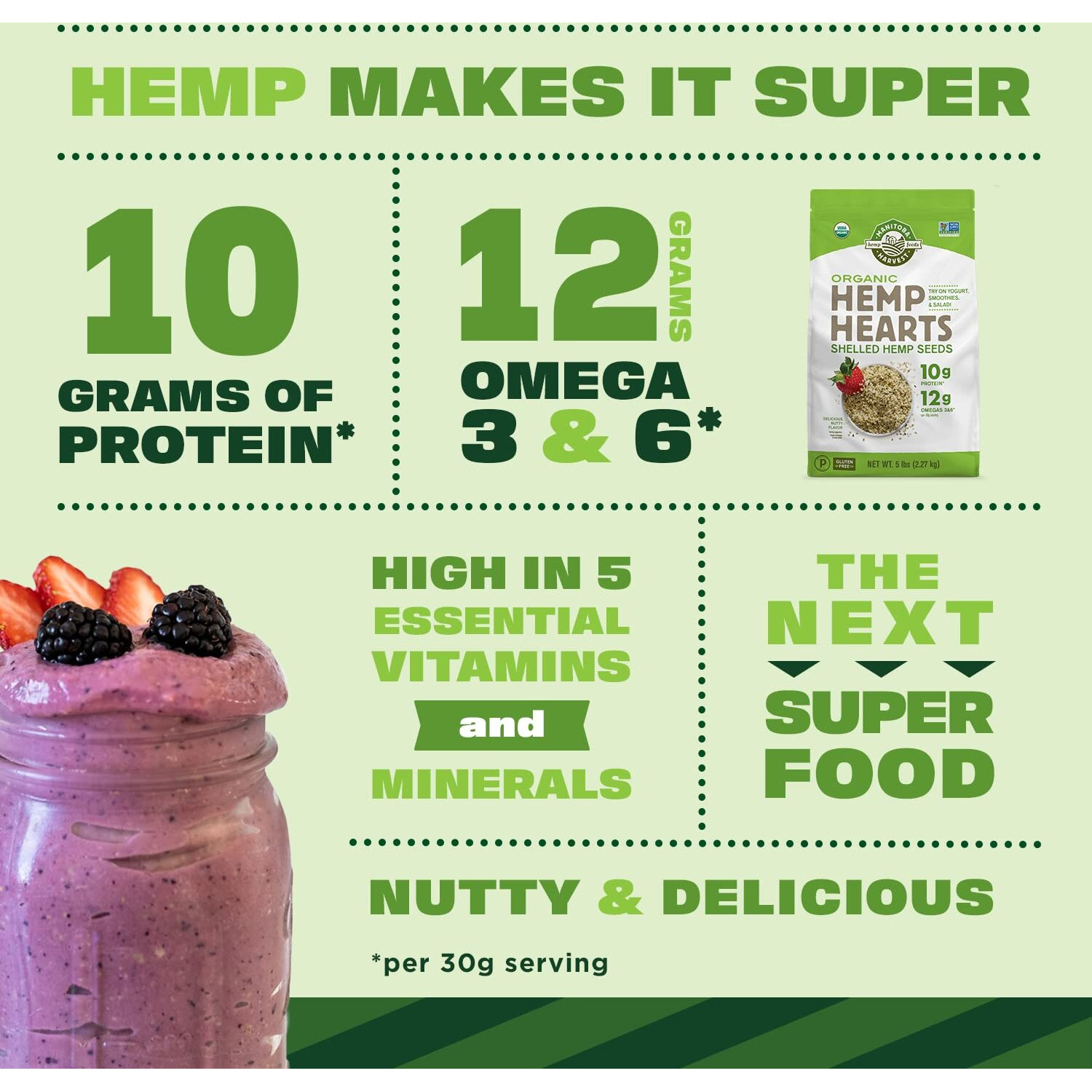 Manitoba Harvest Organic Hemp Seeds, 5 Lb 10G Plant Based Protein And 12G Omega 3 & 6 Per Srv | Smoothies, Yogurt & Salad | Non-Gmo, Vegan, Keto, Paleo, Gluten Free