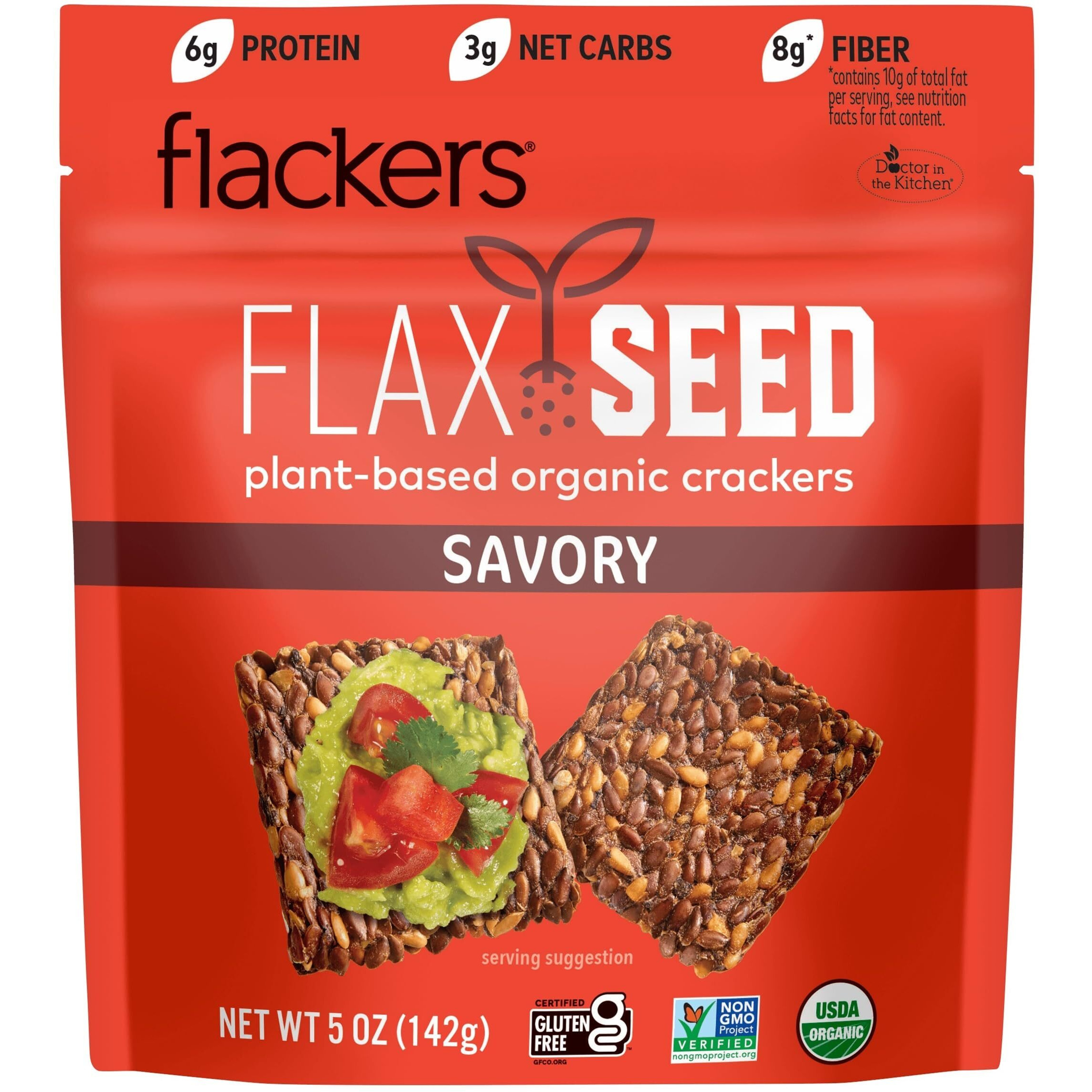 Flackers Organic Savory Flaxseed Crackers, Gluten Free, Non Gmo, Vegan, Keto Snack, 8G Fiber, 3G Net Carbs, 5 Ounce 1-Pack