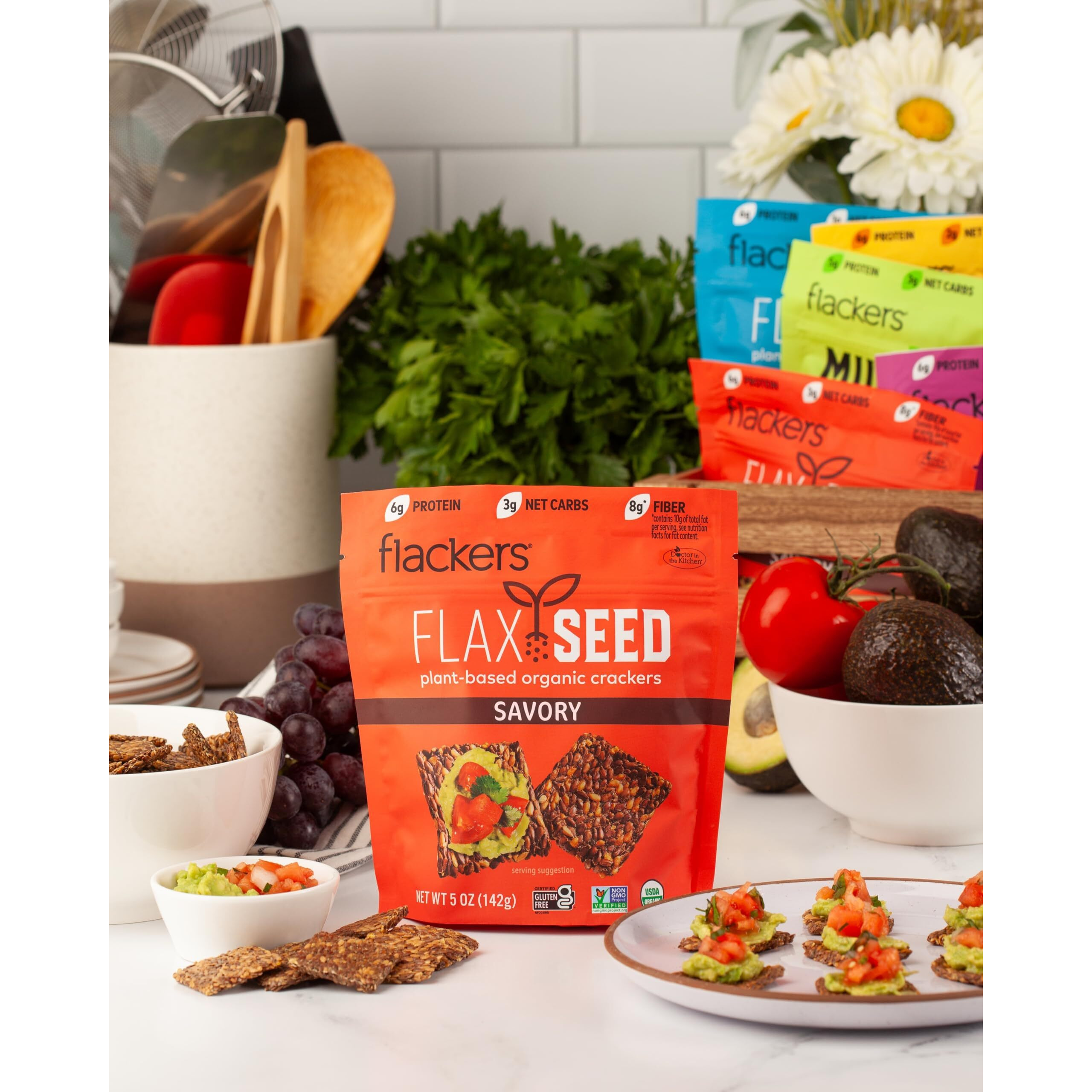 Flackers Organic Savory Flaxseed Crackers, Gluten Free, Non Gmo, Vegan, Keto Snack, 8G Fiber, 3G Net Carbs, 5 Ounce 1-Pack