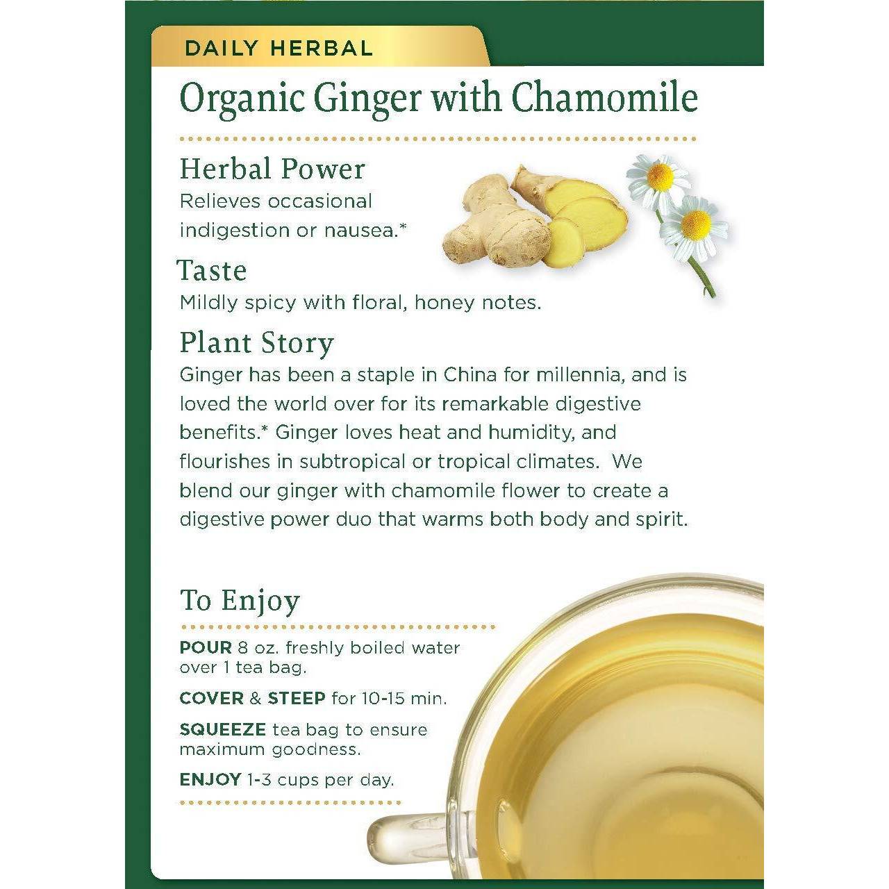 Traditional Medicinal Organic Ginger With Chamomile Tea - 16 Bags