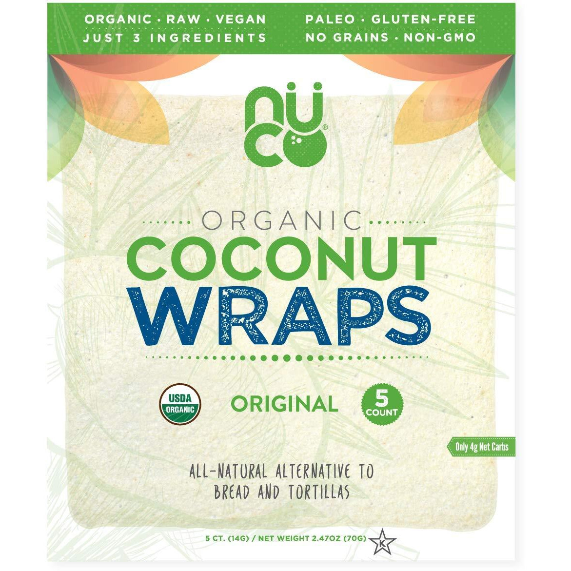 Nuco Certified Organic Paleo Gluten Free Vegan Coconut Wraps, 5 Count (One Pack Of Five Wraps)