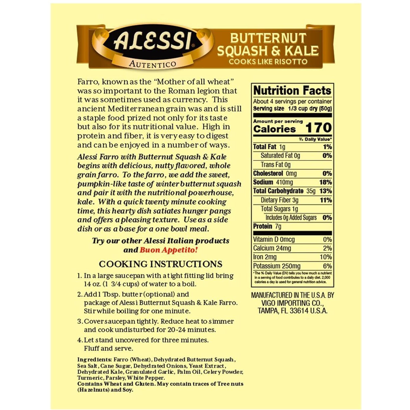 Alessi Autentico, Premium Seasoned Roman Grain Farro, Cooks Like Risotto, Heart Healthy, Easy To Prepare, 7Oz (Butternut Squash & Kale, Pack Of 6)
