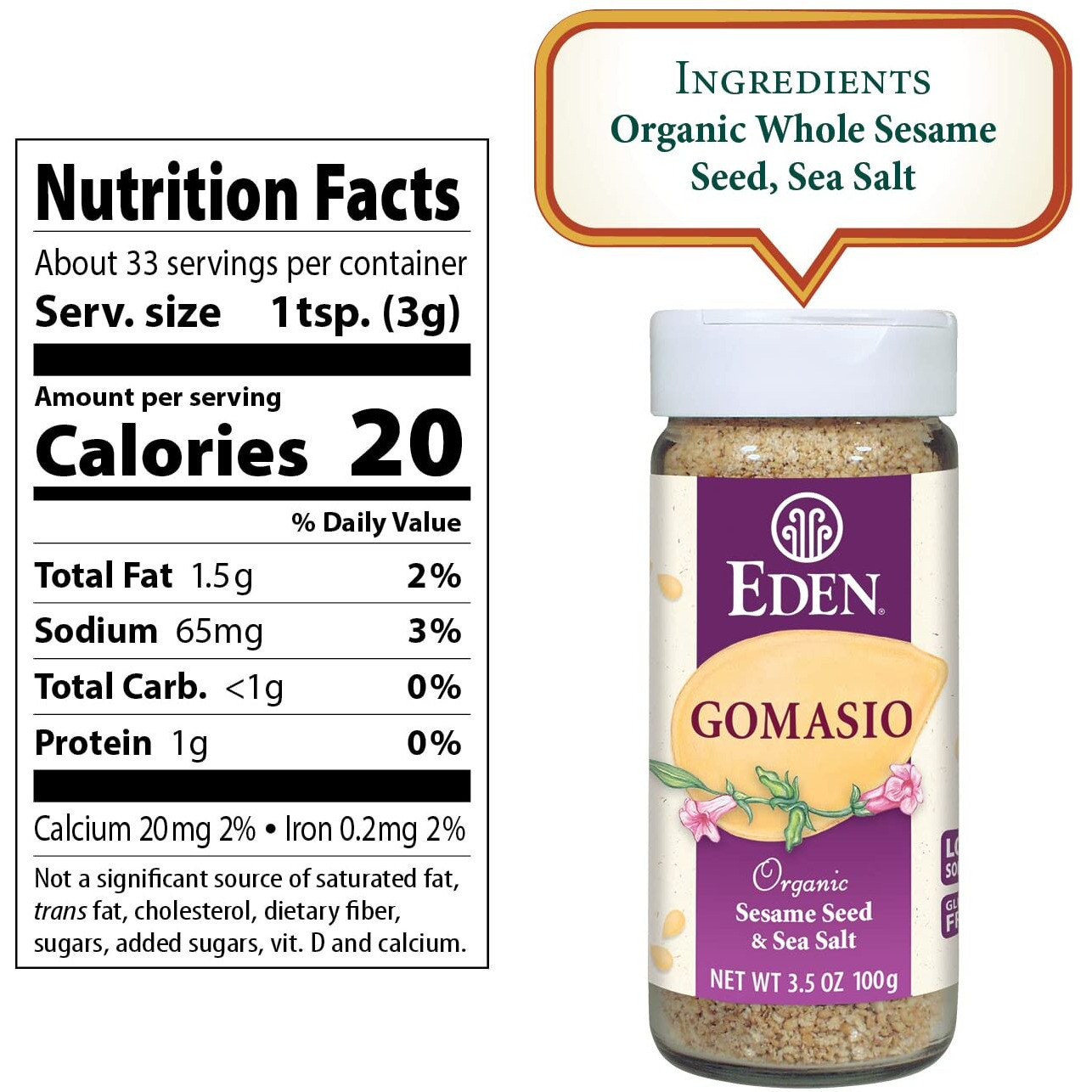 Eden Organic Gomasio, Sesame Seeds And Sea Salt, Umami, Traditional, Furikake, Seasoning, Macrobiotic, 3.5 Oz (2-Pack)