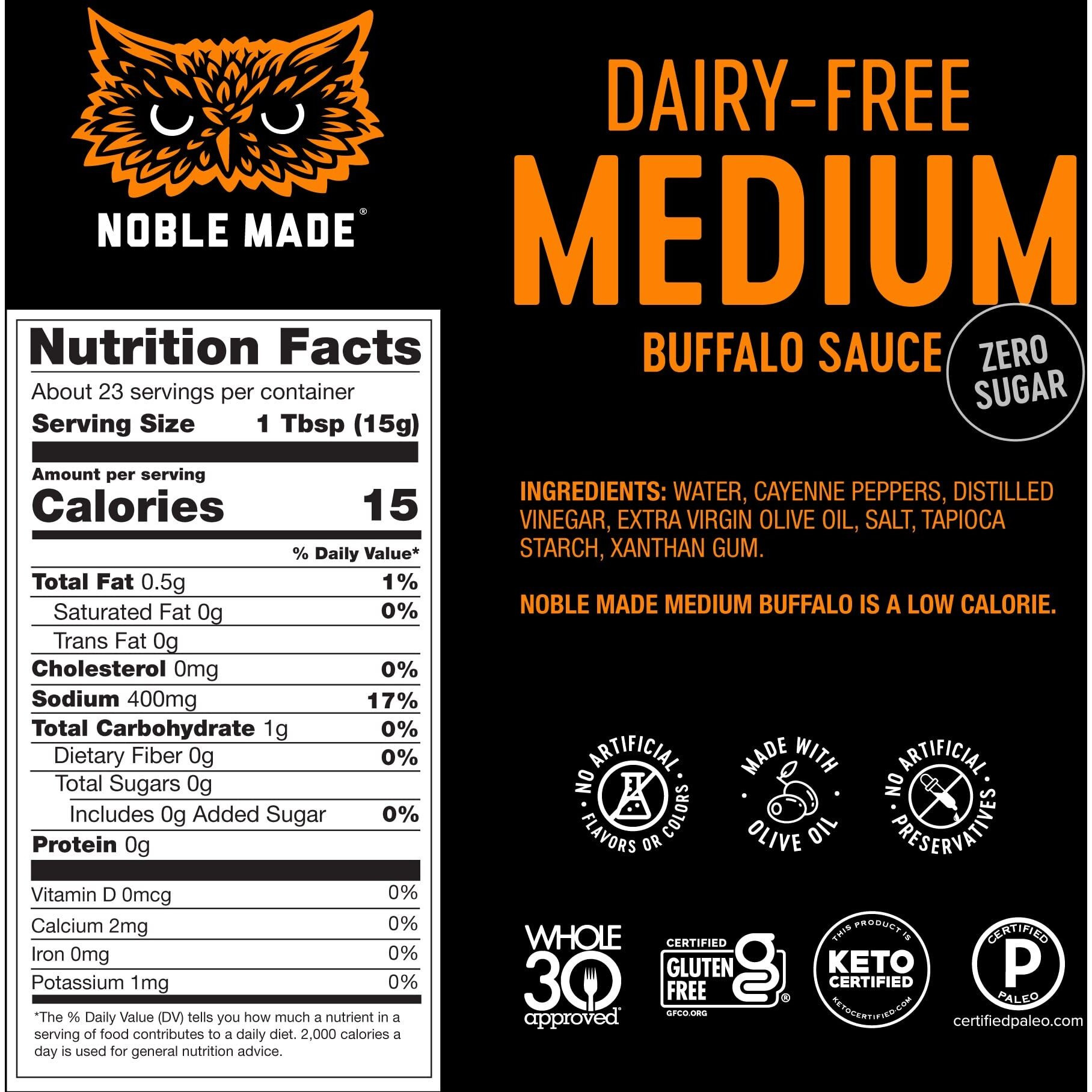 Noble Made Buffalo Sauce, Keto, Gluten Free, Vegan Dipping & Wing Sauce, Low Carb, Dairy Free, Low Calorie, Paleo, Low Sugar, And Whole30 Approved, Medium Buffalo, 12.5 Oz (1 Count)