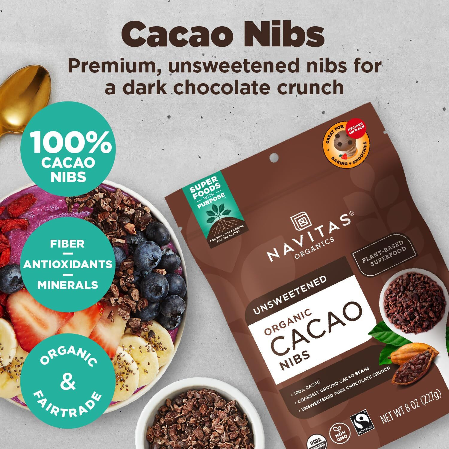 Navitas Organics Cacao Nibs 16Oz. Bag, 15 Servings - Organic, Non-Gmo, Fair Trade, Gluten-Free (Pack Of 2)
