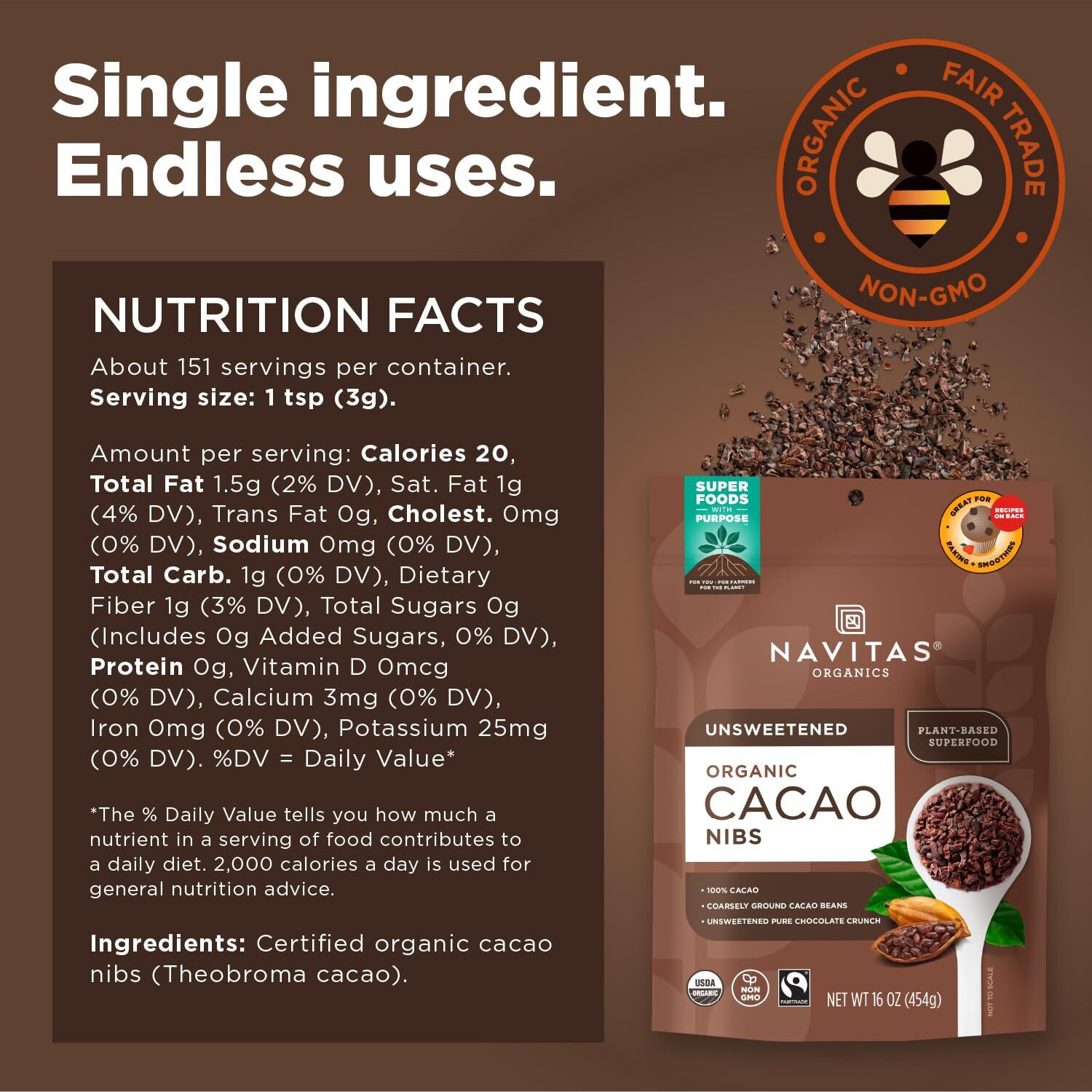 Navitas Organics Cacao Nibs 16Oz. Bag, 15 Servings - Organic, Non-Gmo, Fair Trade, Gluten-Free (Pack Of 2)