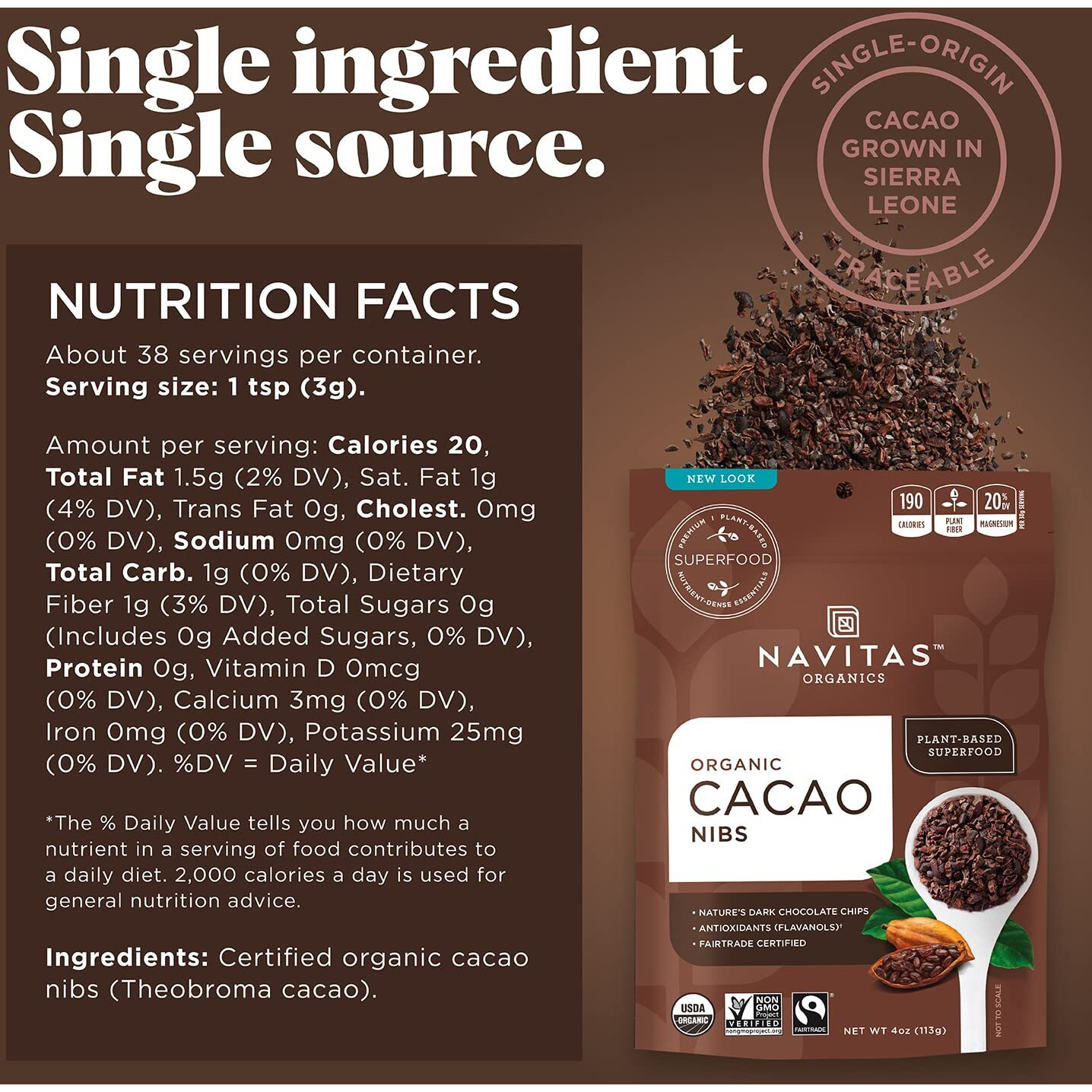 Navitas Organics Cacao Nibs, 4 Oz. Bag, 38 Servings - Organic, Non-Gmo, Fair Trade, Gluten-Free