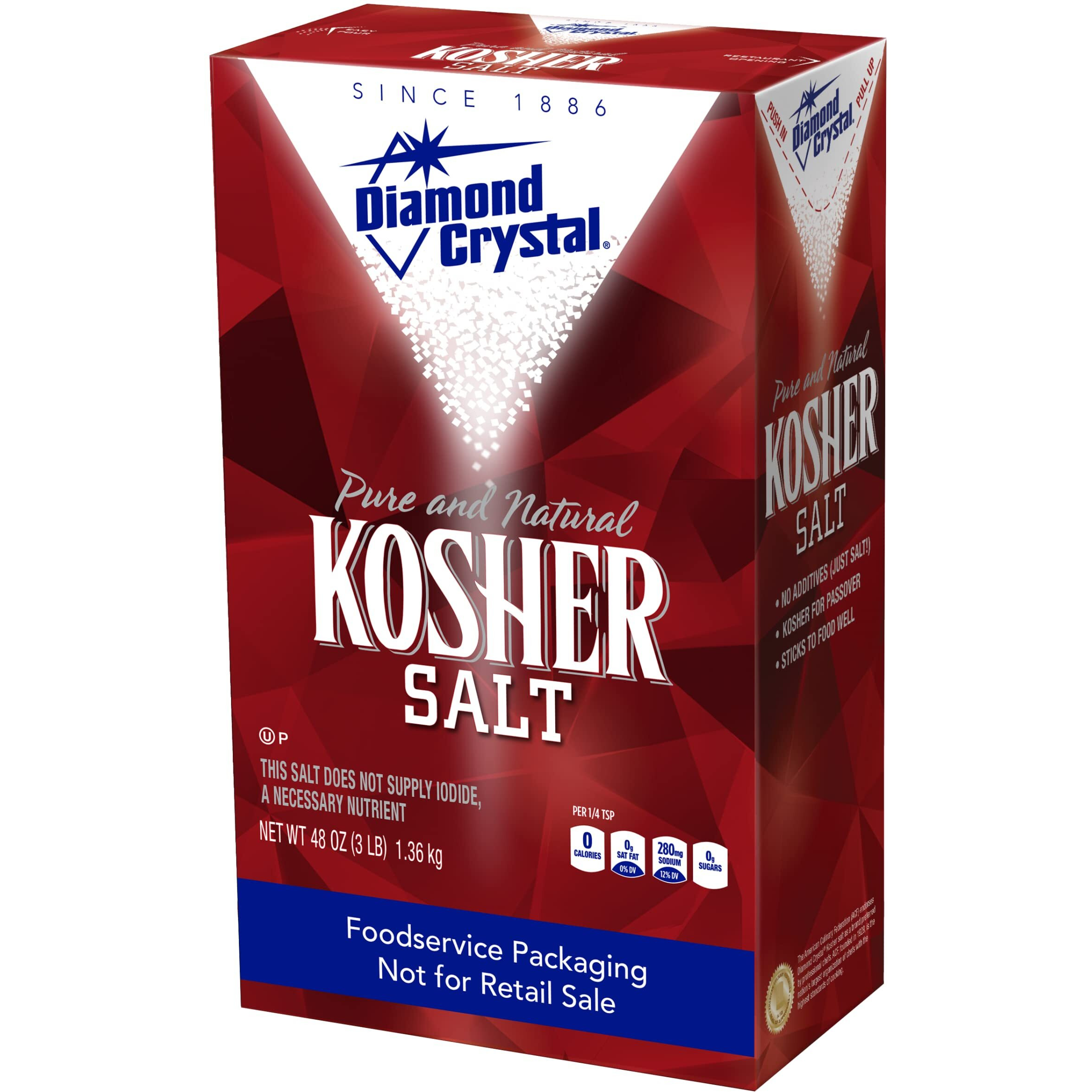 Diamond Crystal Kosher Salt - Full Flavor, No Additives And Less Sodium - Pure And Natural Since 1886 (Restuarant Pack) - 3 Pound Box