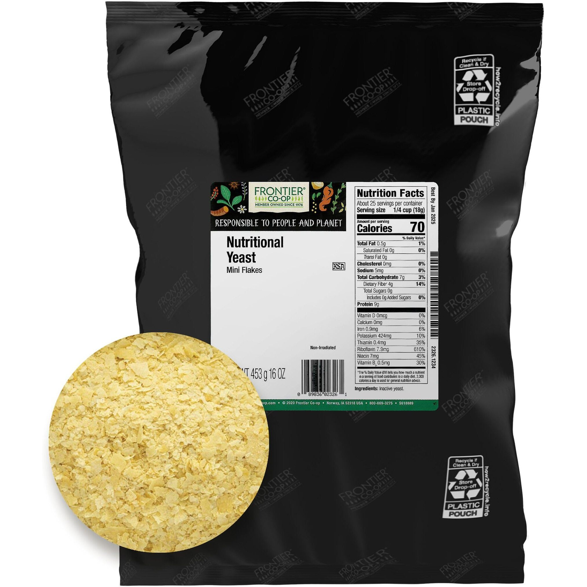Frontier Co-Op Nutritional Yeast Flakes, 1 Lb Bulk Bag - Vegan, Non-Fortified, Kosher, Non-Irradiated Seasoning, Dairy-Free Cheese Flavor, Rich In B Vitamins