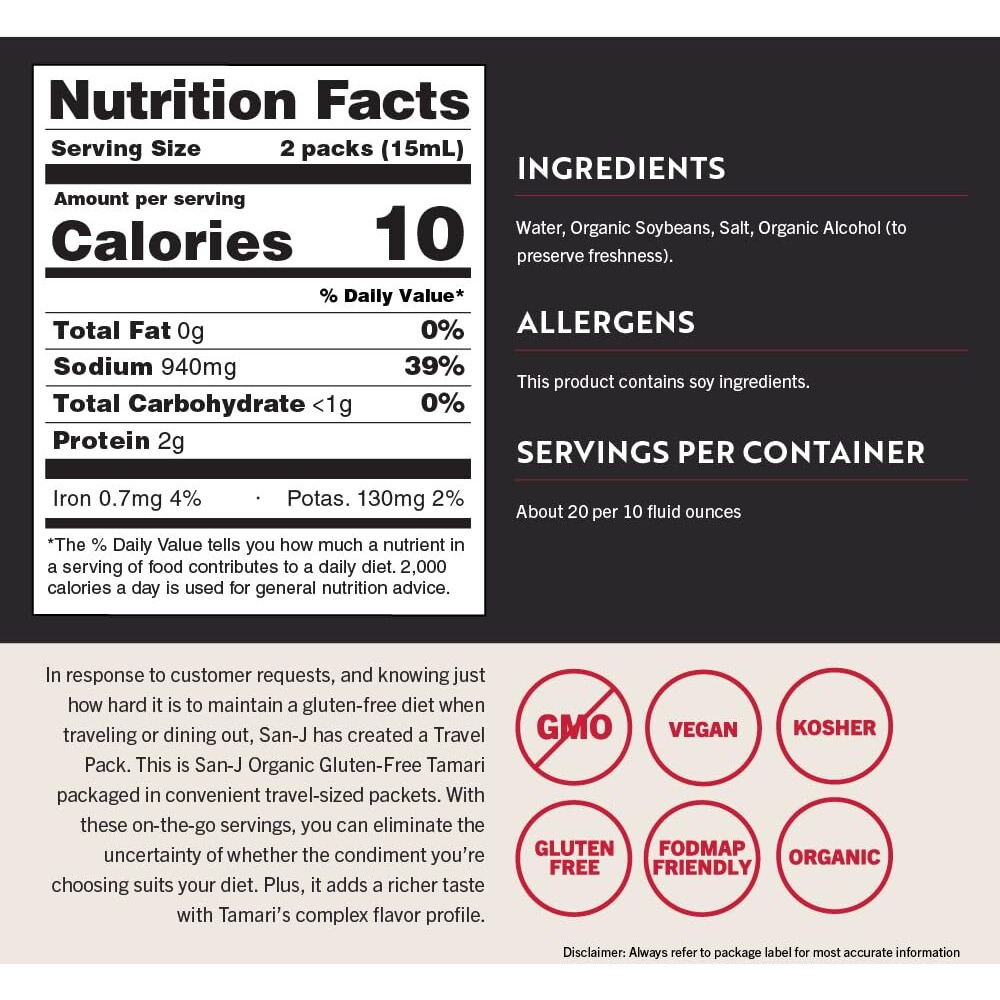 San-J - Organic Gluten Free Tamari Soy Sauce - Made With 100% Whole Soy - Specially Brewed - 1/4 Oz. Individual Portioned Packets - 200 Pack
