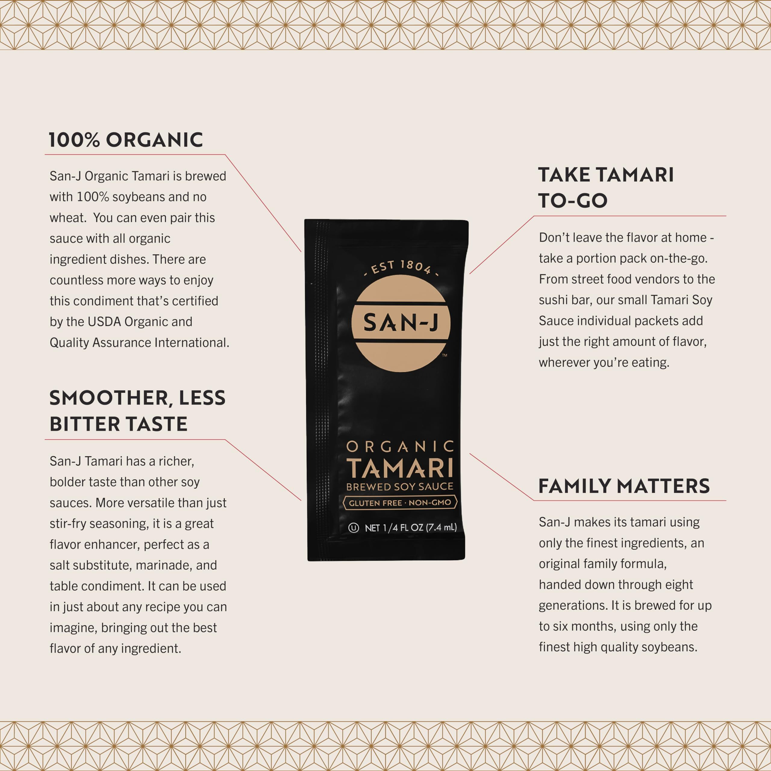 San-J - Organic Gluten Free Tamari Soy Sauce - Made With 100% Whole Soy - Specially Brewed - 1/4 Oz. Individual Portioned Packets - 200 Pack