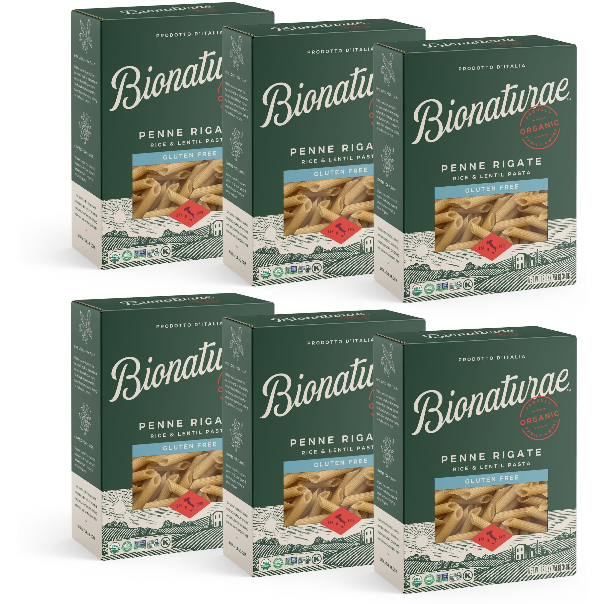 Bionaturae Penne Rigate Pasta Noodles - Gluten Free Pasta Organic, Rice & Lentil Pasta, Kosher Certified, High Protein, Non-Gmo, Usda Certified, Gluten Free Pastas, Crafted In Italy - 12 Oz, 6 Pack