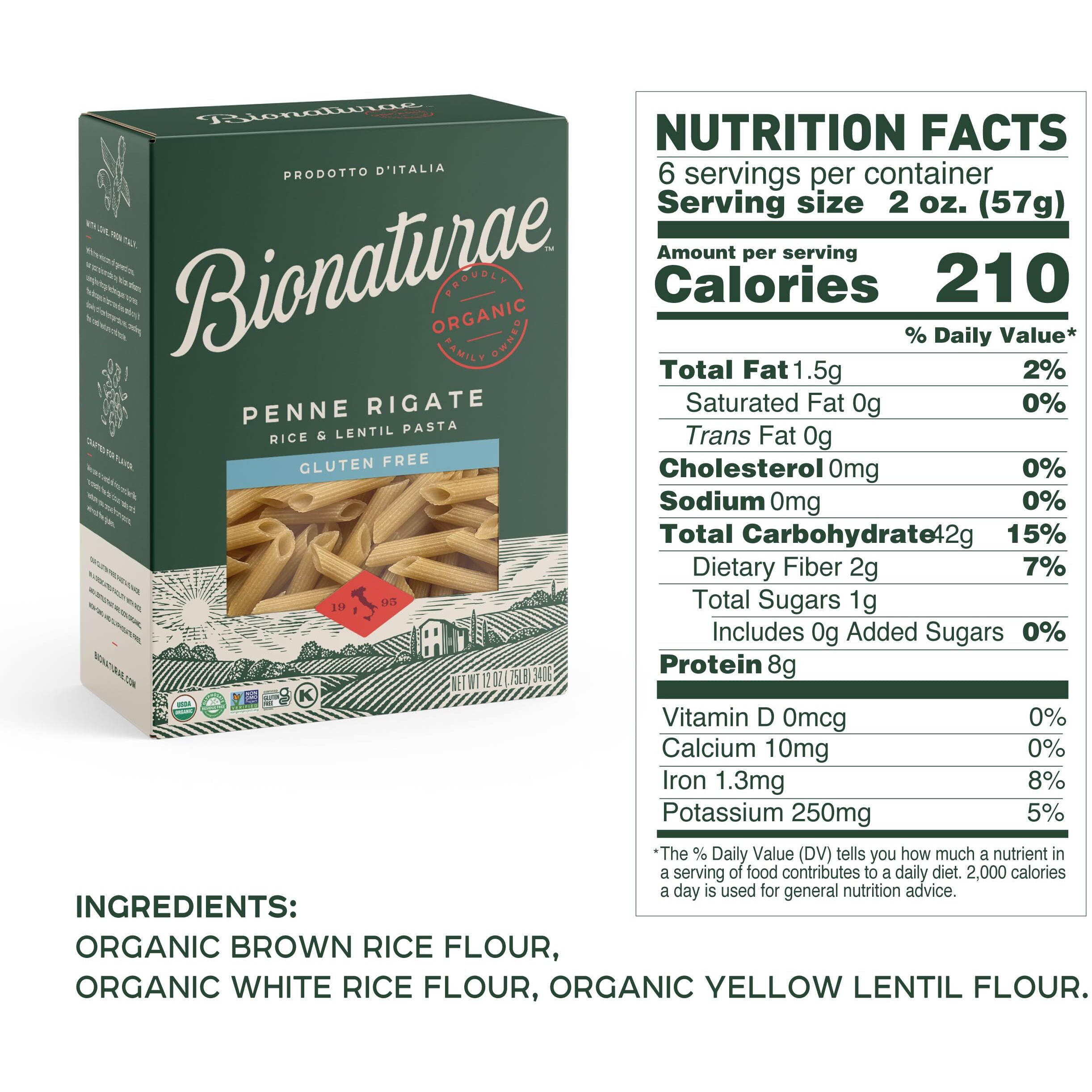 Bionaturae Penne Rigate Pasta Noodles - Gluten Free Pasta Organic, Rice & Lentil Pasta, Kosher Certified, High Protein, Non-Gmo, Usda Certified, Gluten Free Pastas, Crafted In Italy - 12 Oz, 6 Pack