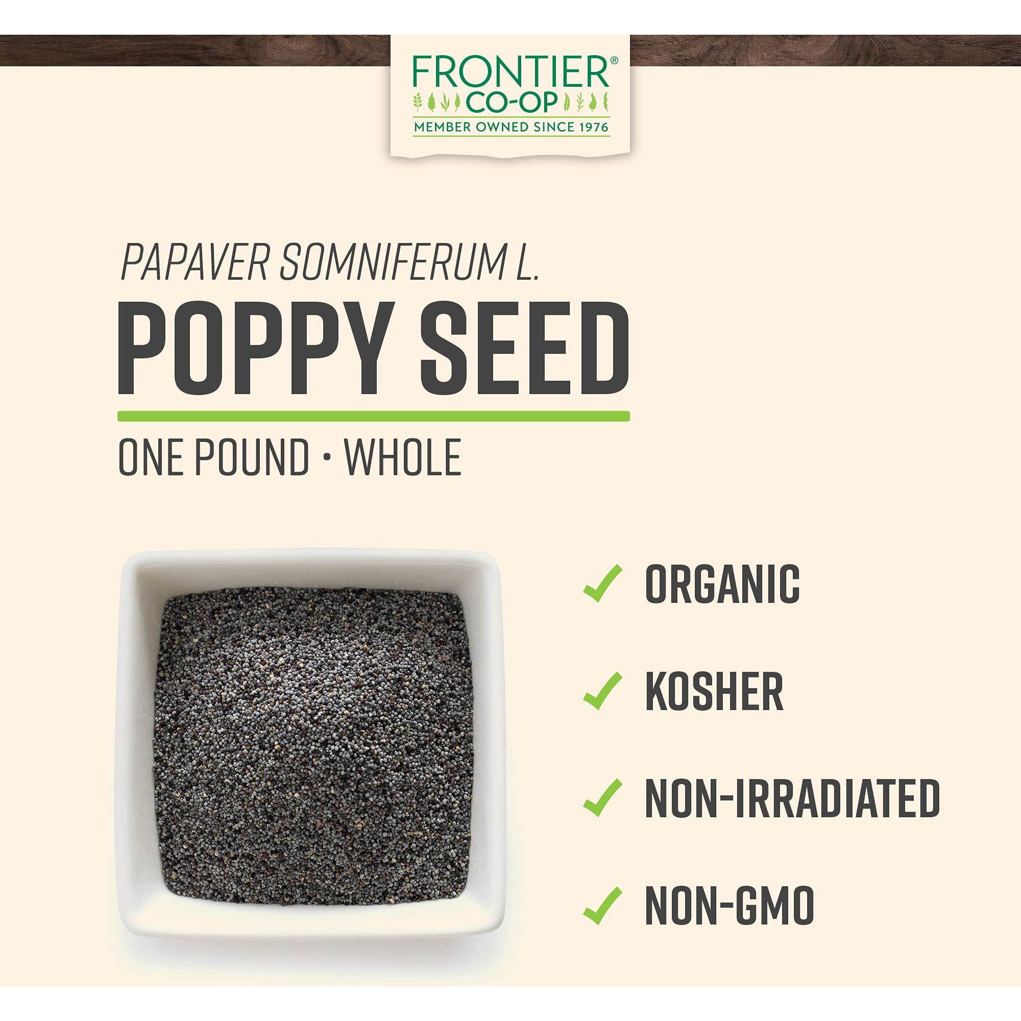 Frontier Co-Op Organic Whole Poppy Seed 1Lb - Bulk Bag Of Poppy Seeds For Baking, Salad Dressing, Cooking, Kosher Recipes And More