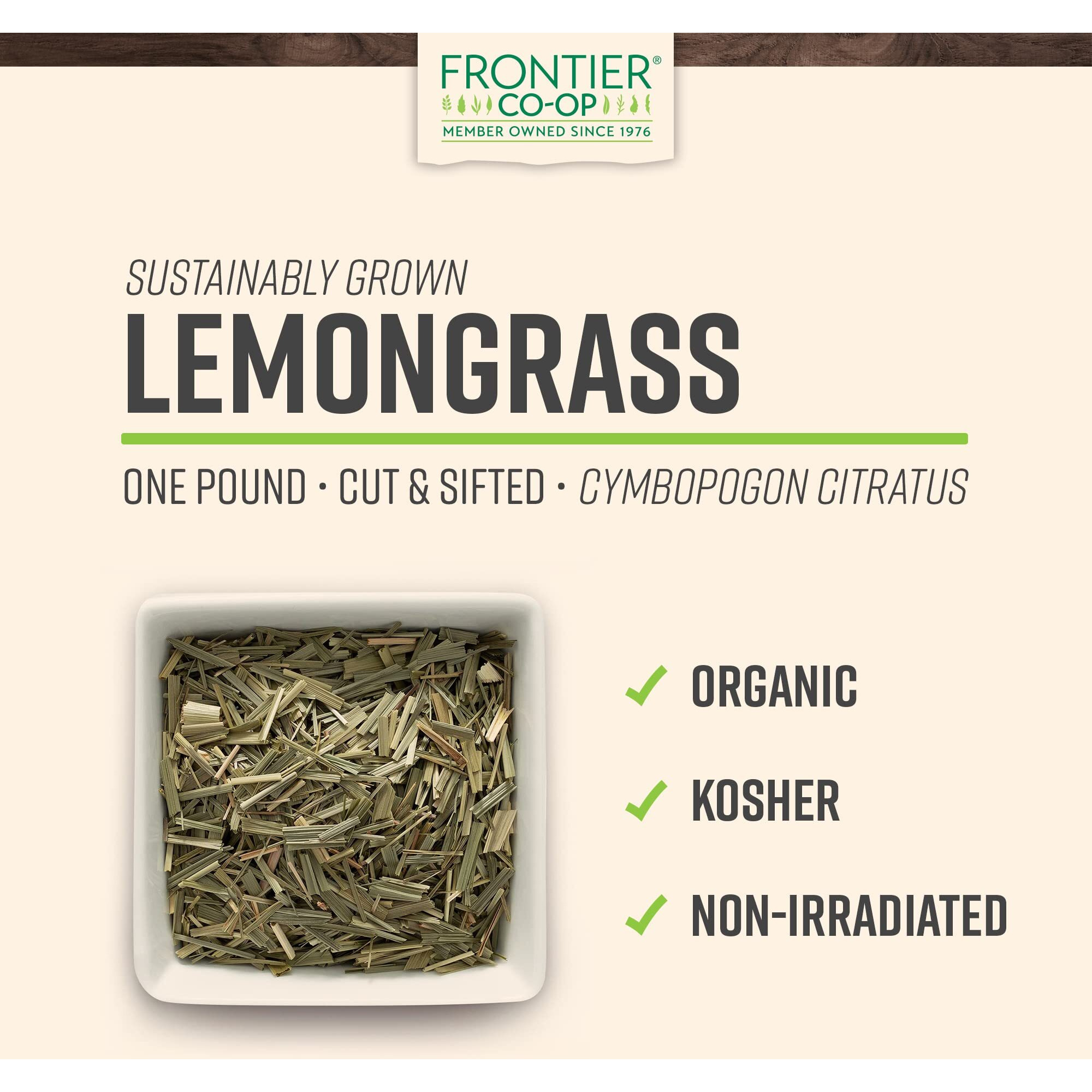 Frontier Co-Op Organic Lemongrass, 1Lb Bulk Bag, Cut & Sifted | 100% Pure & Natural Dried Lemon Grass | Perfect For Lemongrass Tea & Seasoning, Kosher