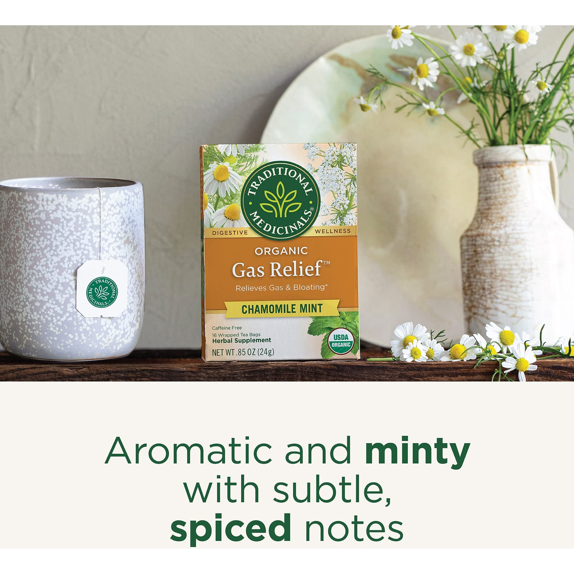 Traditional Medicinals Tea, Organic Gas Relief, Relieves Gas & Bloating, Chamomile Mint, 16 Tea Bags