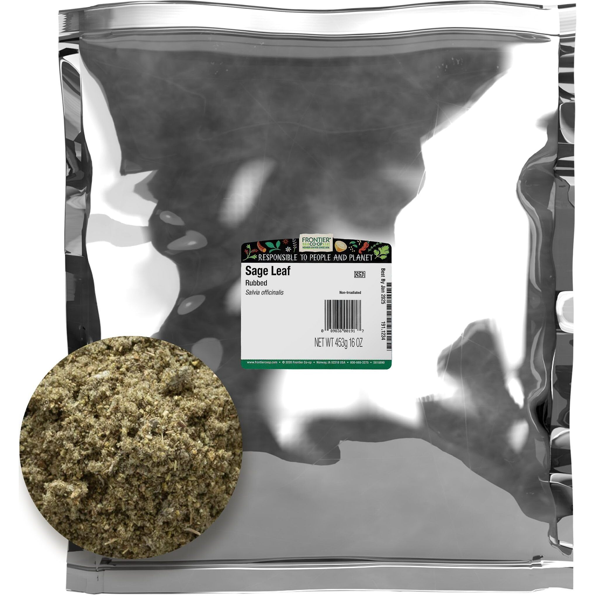 Frontier Co-Op Rubbed Sage Leaf, 1-Pound, Sweet, Earthy Flavor With Hints Of Mint, Pairs With Garlic & Rosemary, Kosher