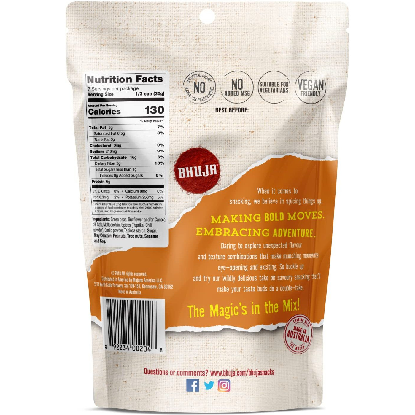 Majans Bhuja Gluten Free Snack Mix, Non-Gmo | No Preservatives | Vegetarian Friendly | No Artificial Colors Or Flavors, Crunchy Seasoned Peas, 7 Ounce