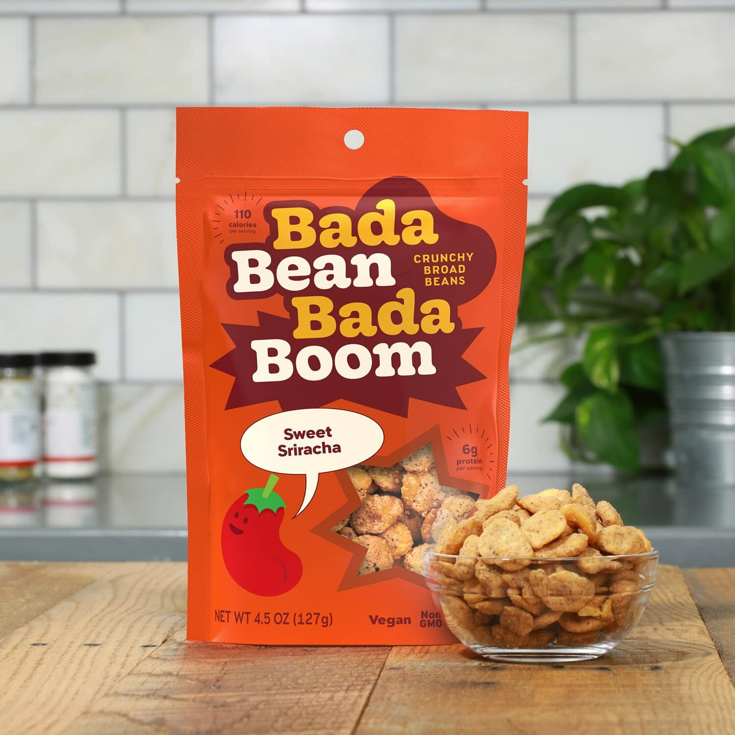 Bada Bean Bada Boom - Plant-Based Protein, Gluten Free, Vegan, Crunchy Roasted Broad (Fava) Bean Snacks, 110 Calories Per Serving, Sweet Sriracha, 4.5 Ounce (Pack Of 6)