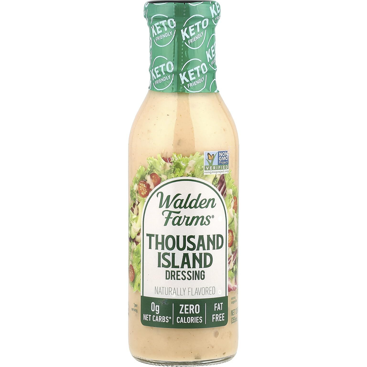 Walden Farms Thousand Island Dressing 12 Oz. Bottle - Creamy & Tangy Flavor, 0G Net Carbs Condiment, Kosher Certified - Natural Topping For Salads, Pasta, Burger, Marinade For Chicken And More