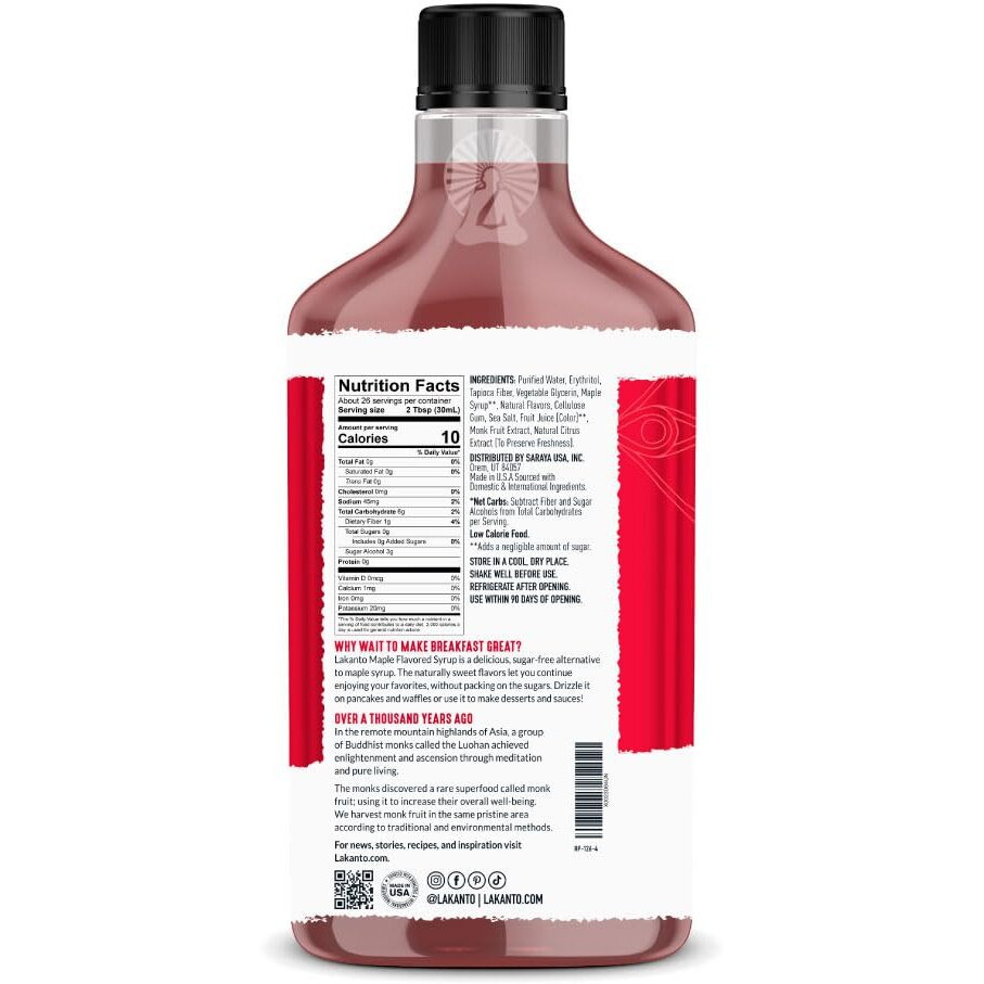 Lakanto Sugar Free Maple Syrup With Monk Fruit & Erythritol For Pancakes, Waffles, Oatmeal, Coffee, Tea, Granola, Frosting & Dressing, Zero Sugar, Keto, Vegan, Gluten Free, 1 G Net Carbs, 13 Fl Oz