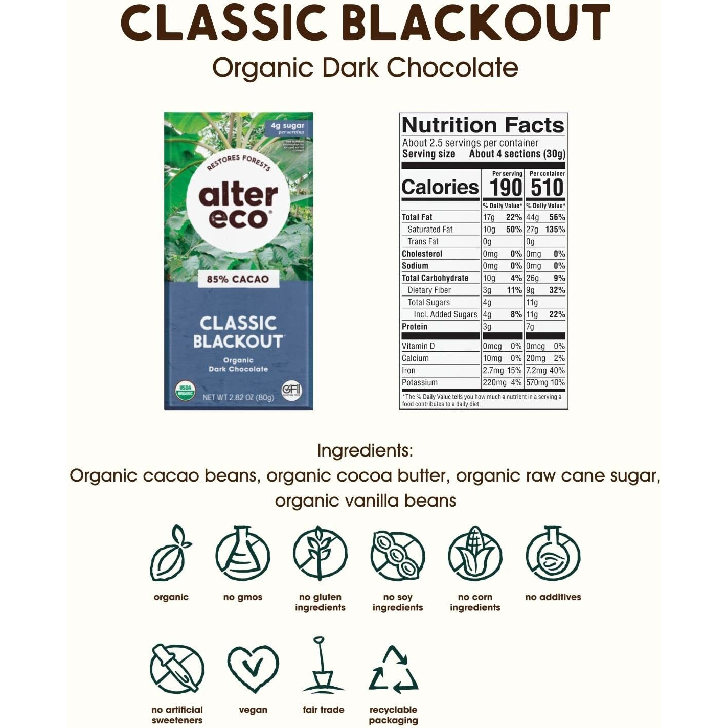 Alter Eco | Classic Blackout | 85% Pure Dark Cocoa, Fair Trade, Organic, Non-Gmo, Gluten Free Dark Chocolate Bar, 12 Bars