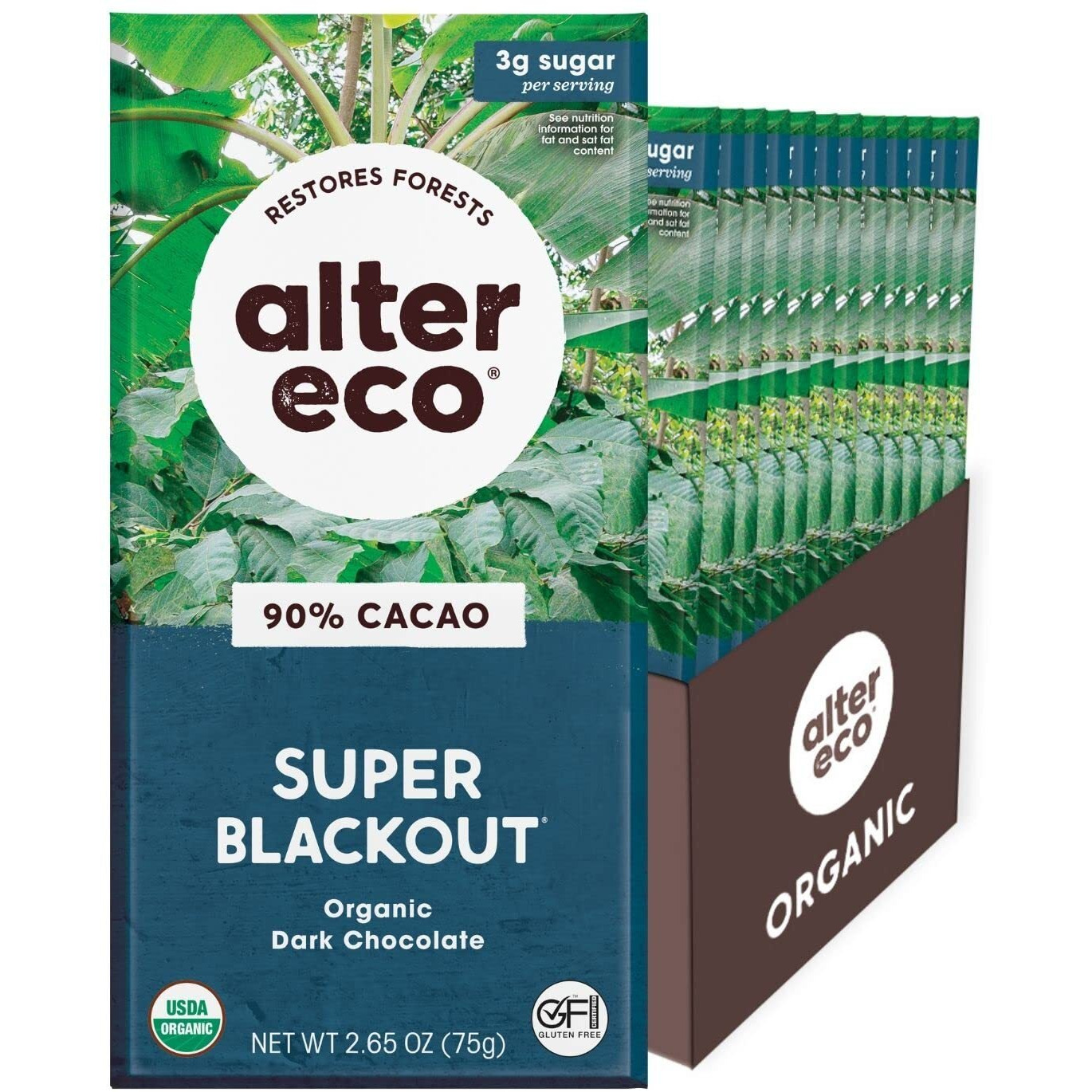 Alter Eco | Chocolate Bars | Pure Dark Cocoa, Fair Trade, Organic, Non-Gmo, Gluten Free (12-Pack Super Blackout)