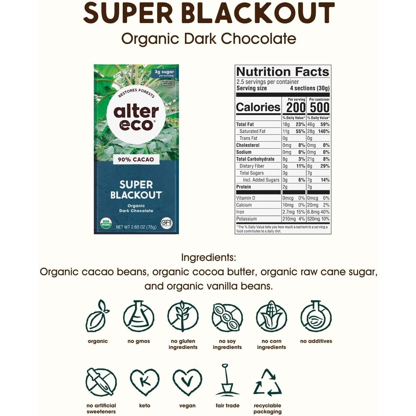 Alter Eco | Chocolate Bars | Pure Dark Cocoa, Fair Trade, Organic, Non-Gmo, Gluten Free (12-Pack Super Blackout)