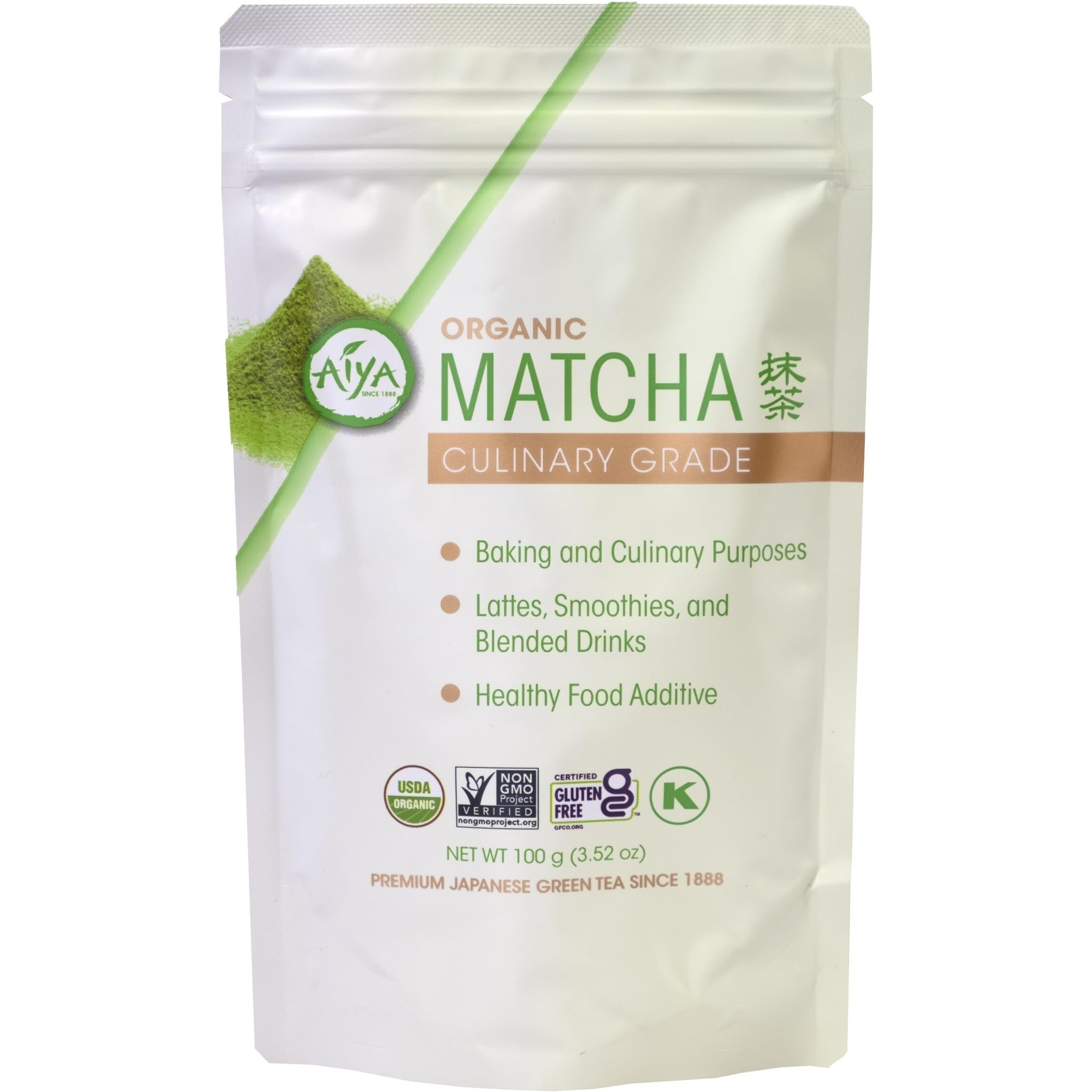 Aiya Certified Usda Organic Culinary Grade Matcha Green Tea Powder - Ideal For Baking, Lattes, Smoothies - Gluten-Free & Non-Gmo - 100G Bag (3.53 Oz)