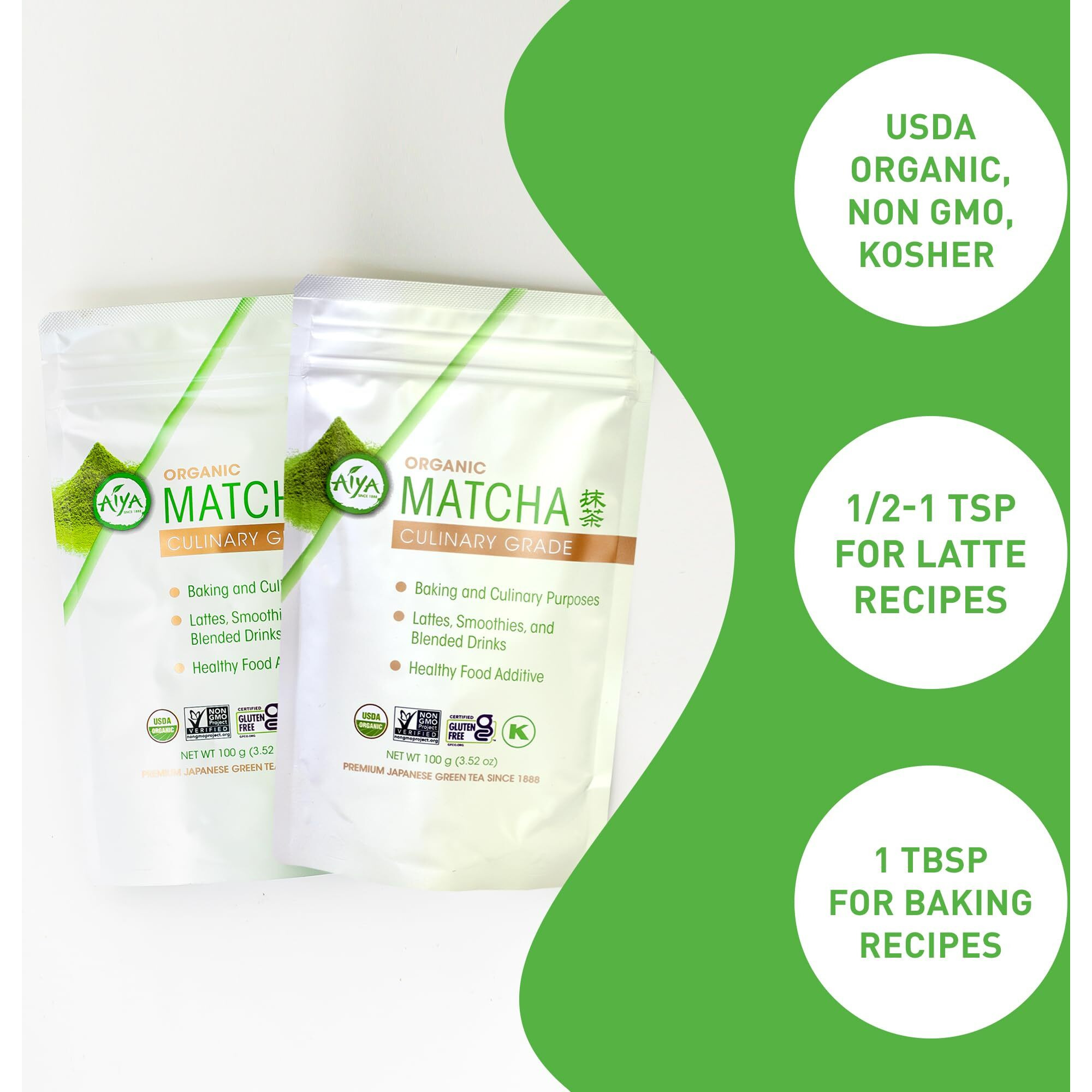 Aiya Certified Usda Organic Culinary Grade Matcha Green Tea Powder - Ideal For Baking, Lattes, Smoothies - Gluten-Free & Non-Gmo - 100G Bag (3.53 Oz)