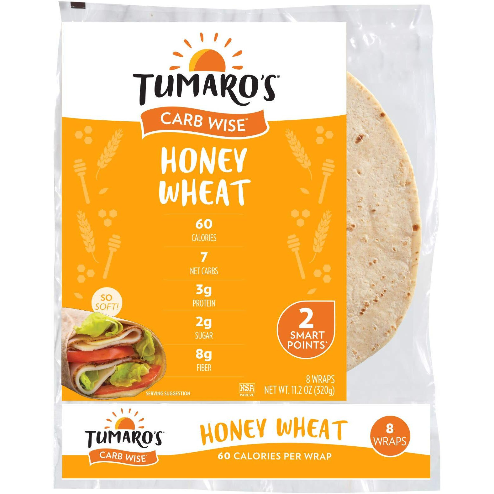 Tumaro's 8 Inch Carb Wise Wraps - Honey Wheat -8 Count (Pack Of 6)
