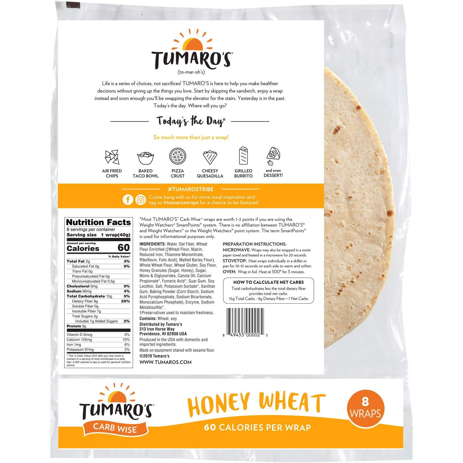 Tumaro's 8 Inch Carb Wise Wraps - Honey Wheat -8 Count (Pack Of 6)