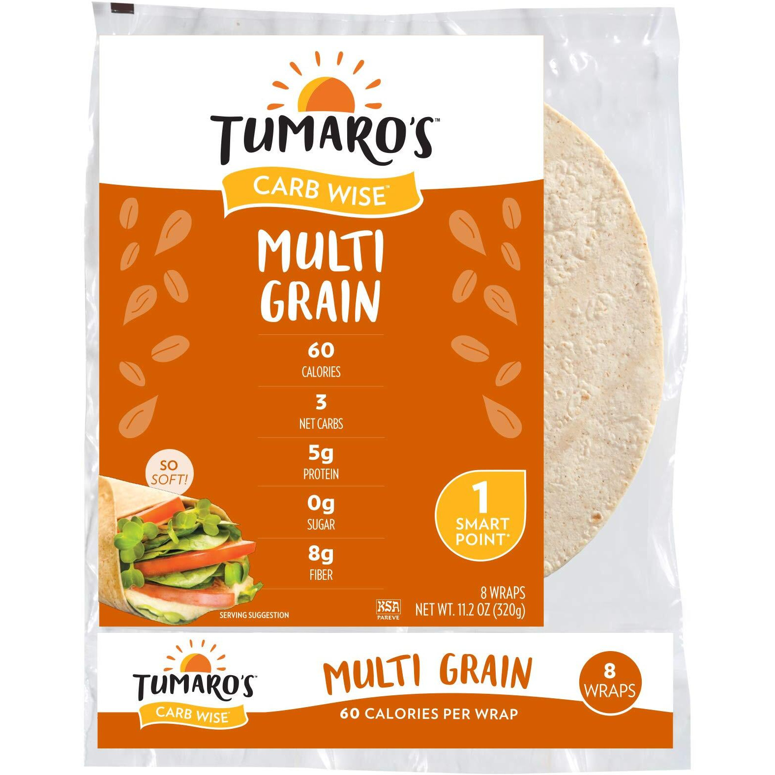 Tumaro's 8"" Carbwise Wraps - Multigrain - 8 Count - Case Of 6